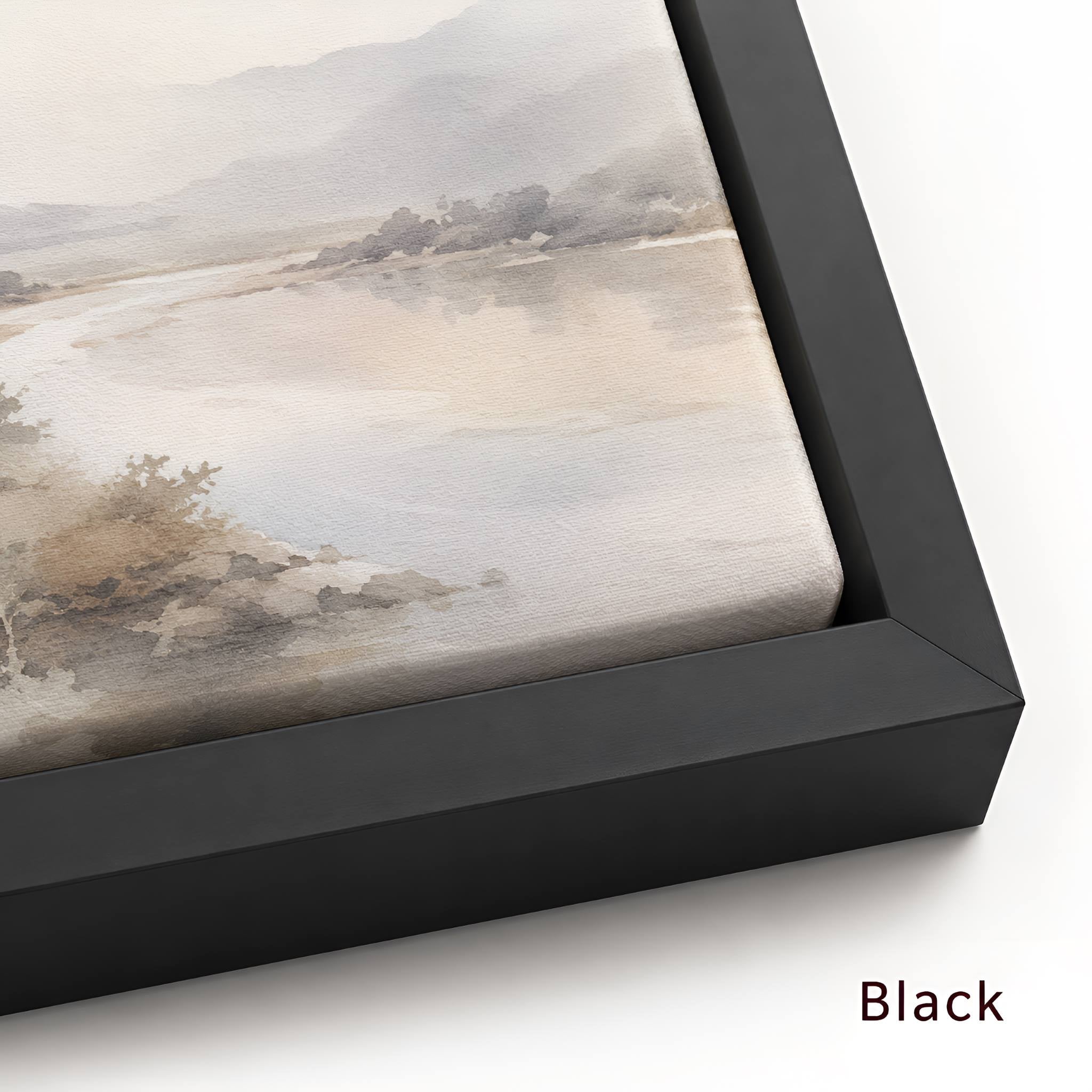 Black floater frame corner close-up with canvas texture detail.