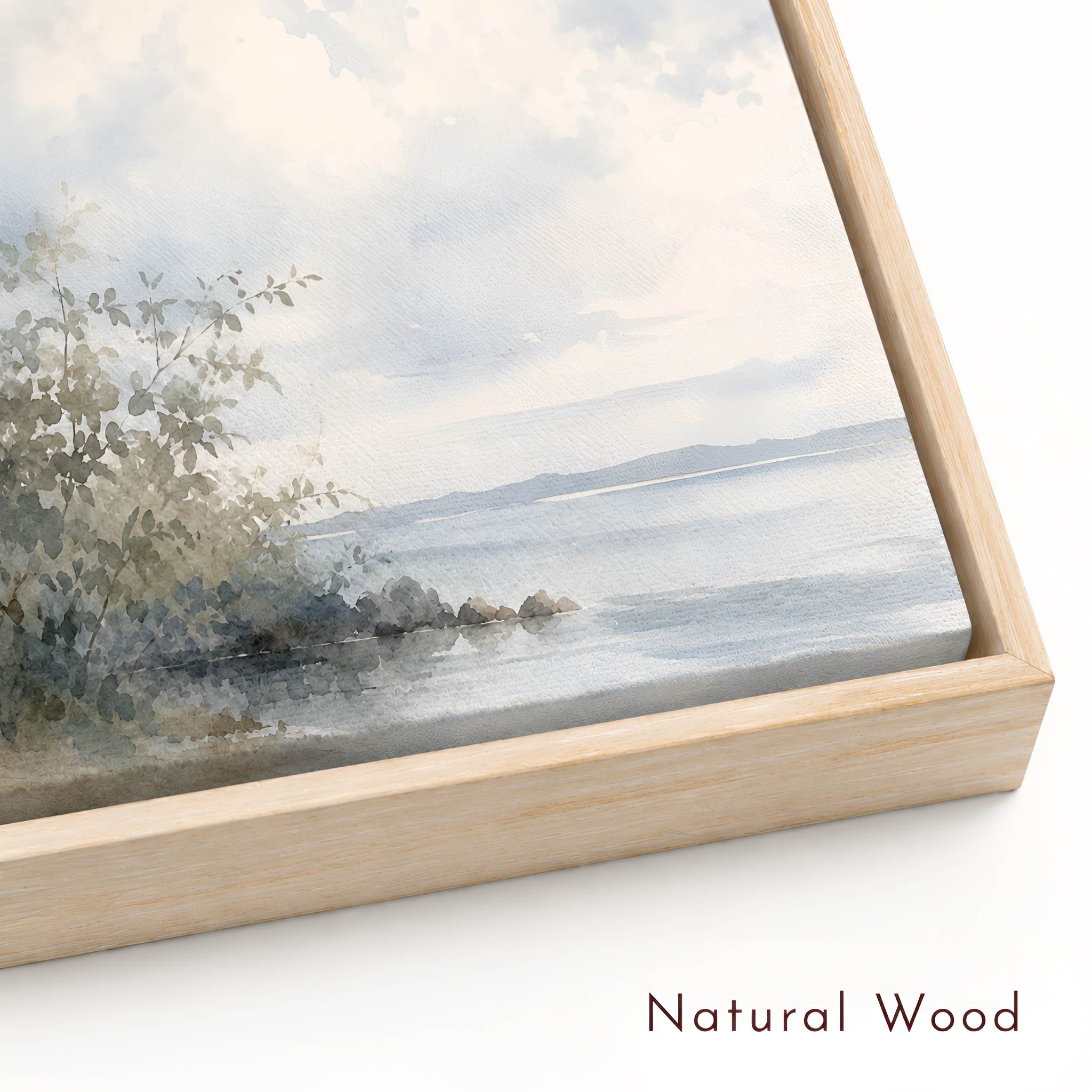 Natural wood framed canvas corner detail with canvas artwork inside.