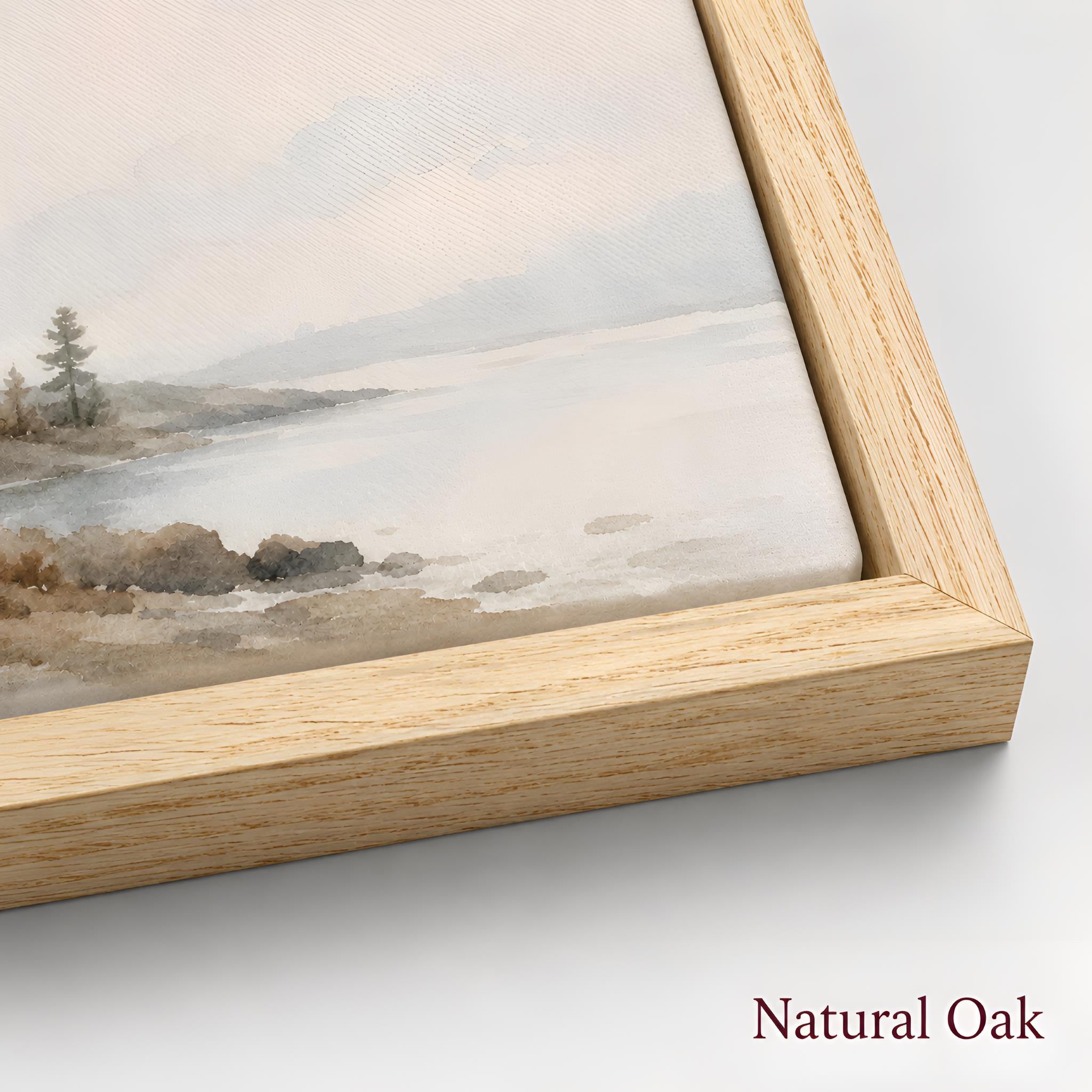 Framed painting with a natural oak frame on a light background