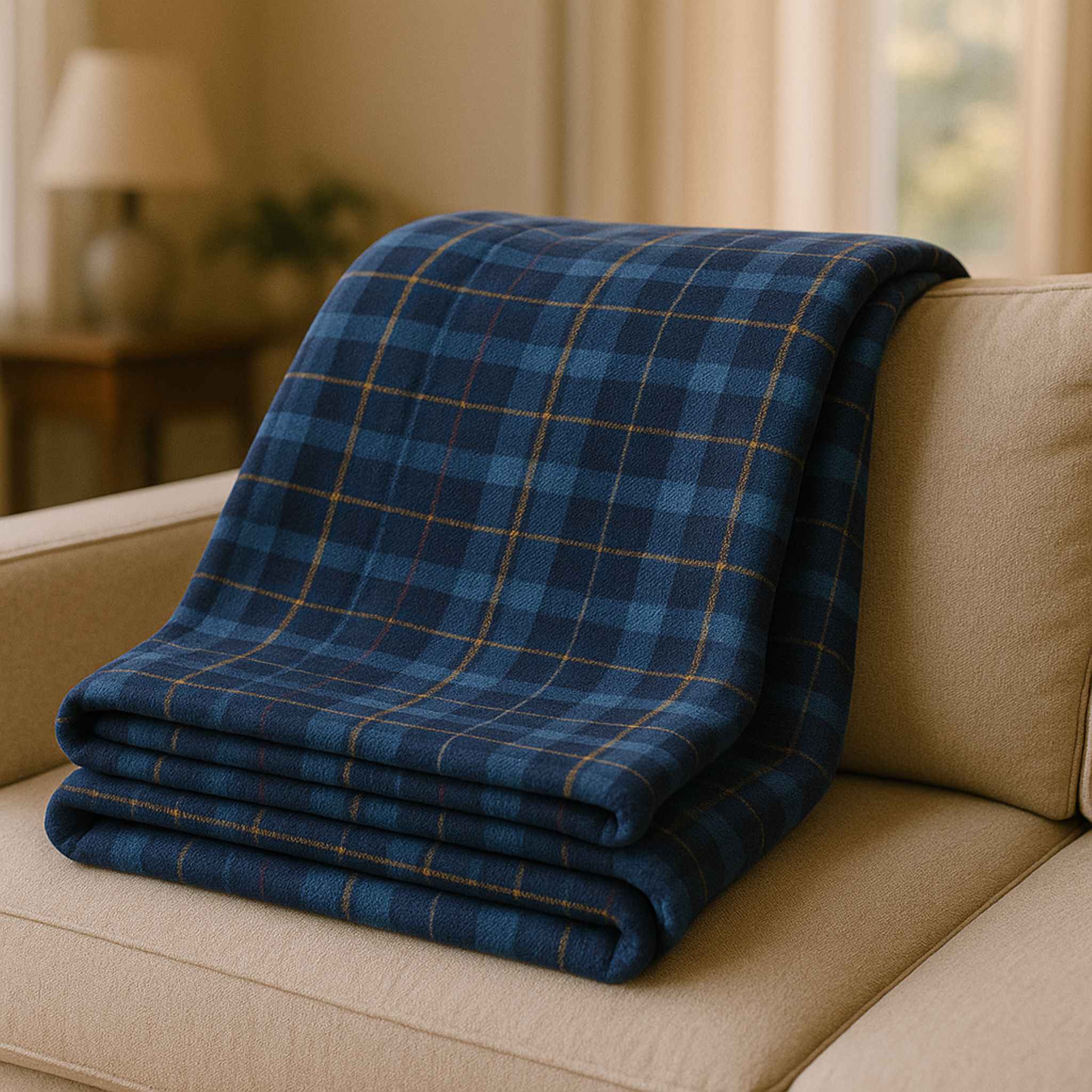 Folded blue plaid blanket on a beige couch in a cozy living room.