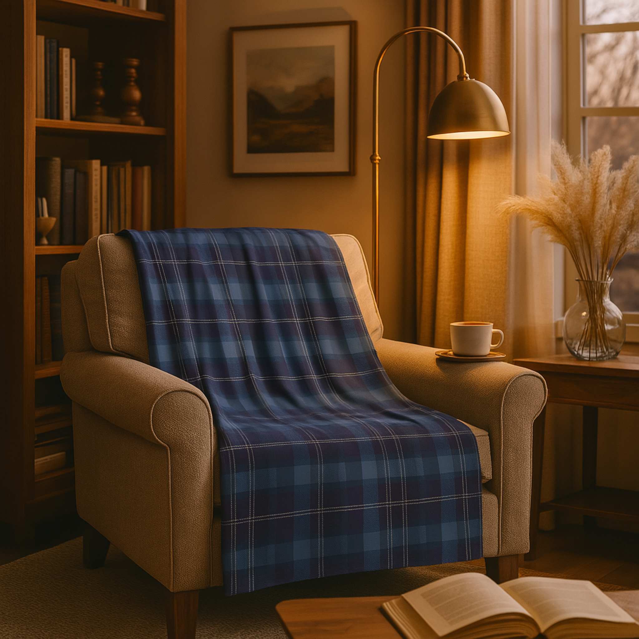 Cozy living room with a plaid blanket draped over an armchair, a cup on a side table, and a book open on a surface.