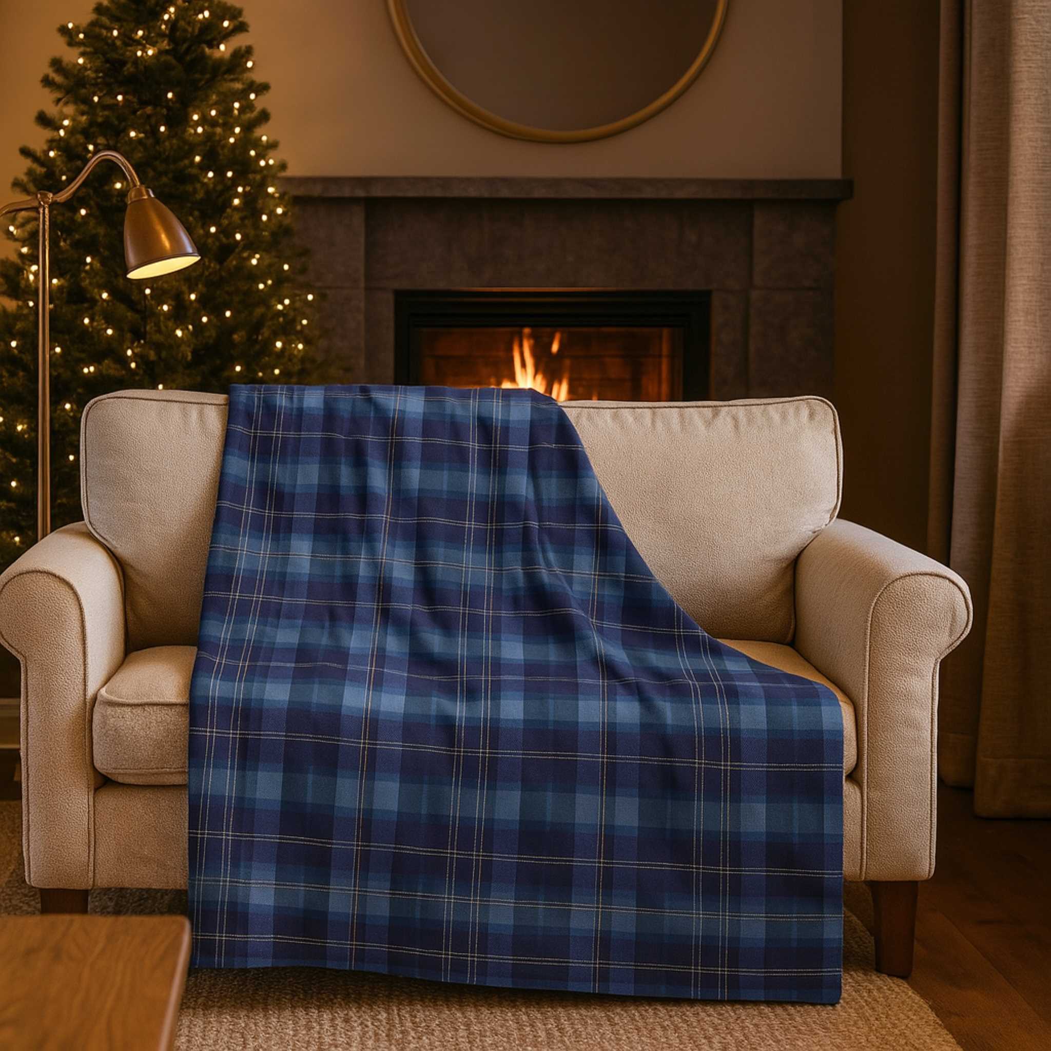 Blue plaid blanket draped over a beige armchair in a cozy living room with a fireplace and Christmas tree.
