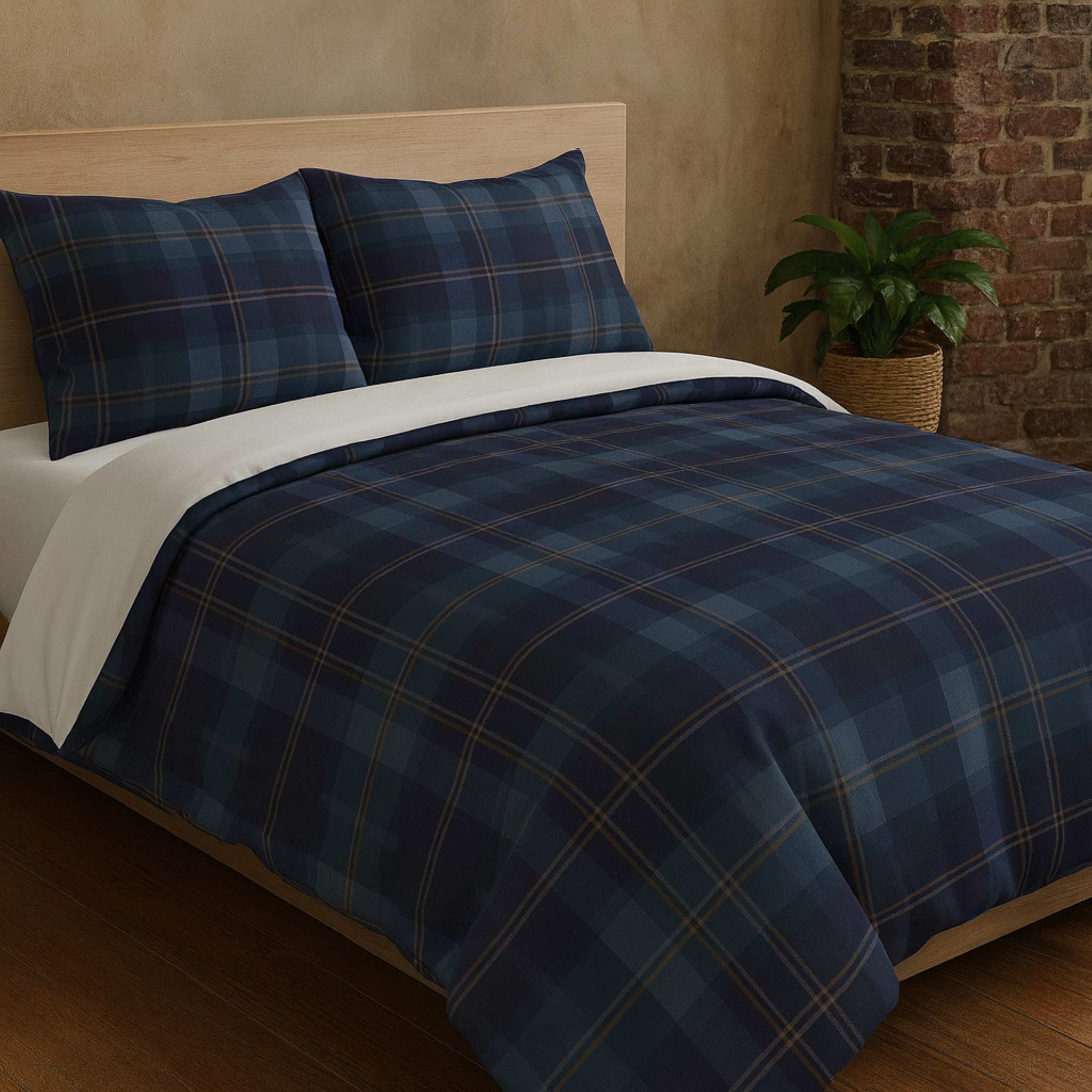 Blue plaid bedding set on a bed with a plant in the background.