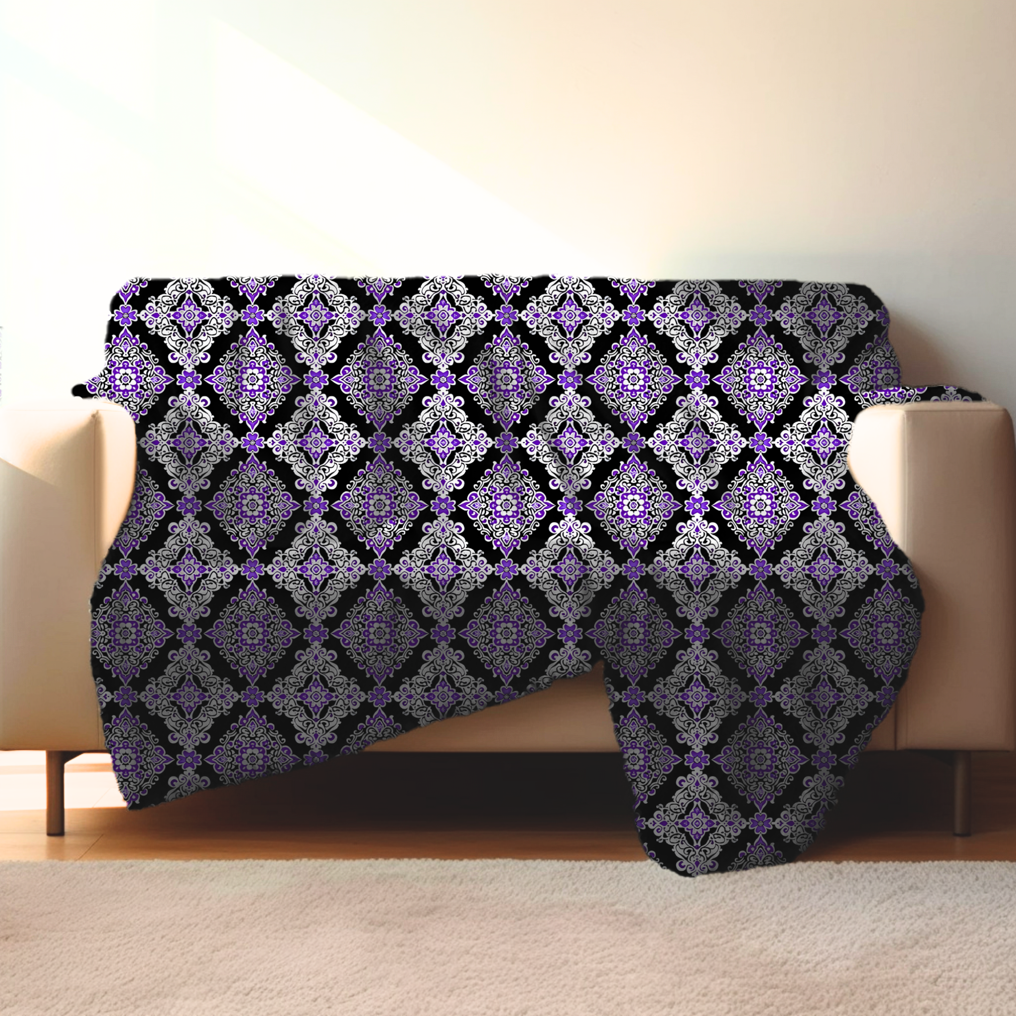 Purple & White Damask Throw Blanket: Midnight Majesty