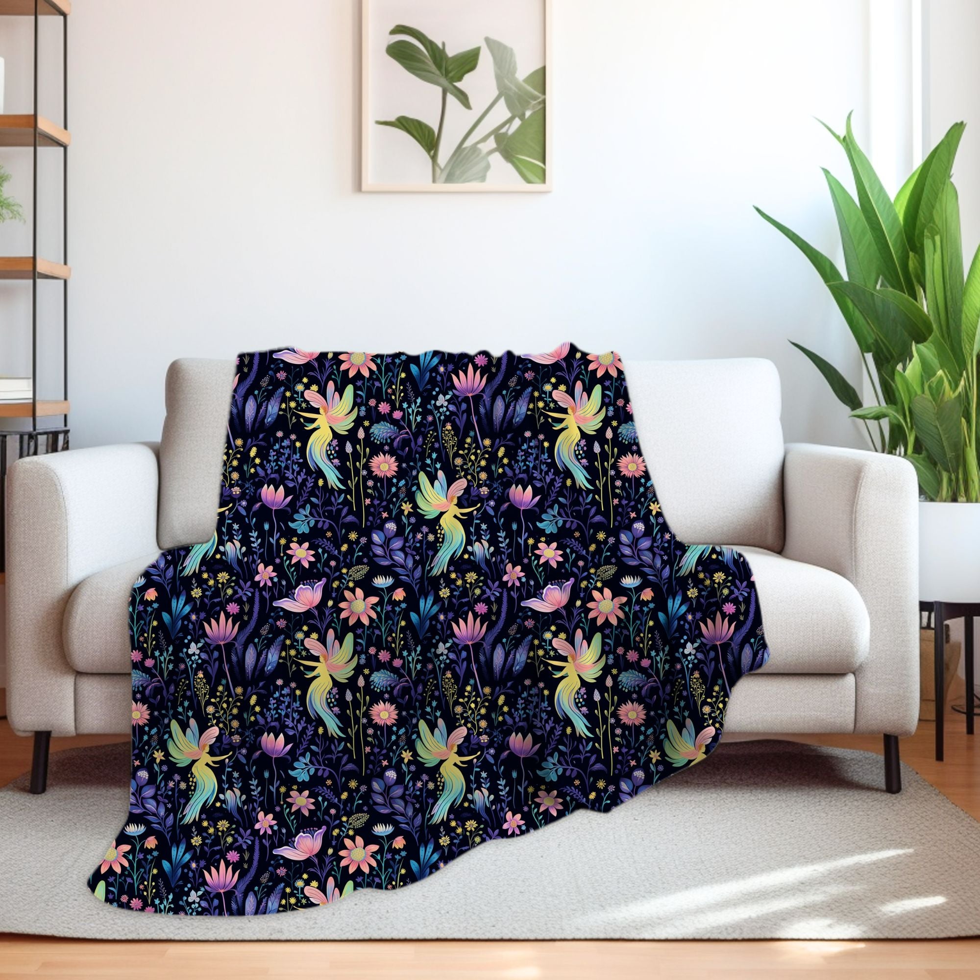 Glowing Garden Fairies Dark Floral Pattern Blanket: Velveteen or Sherpa