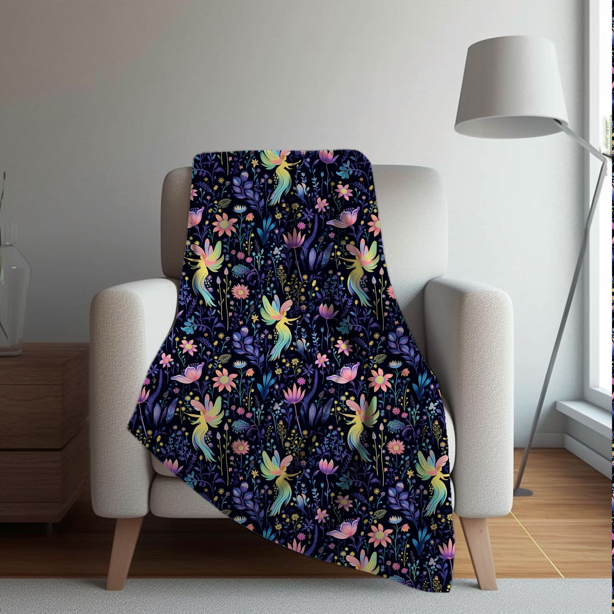 Glowing Garden Fairies Dark Floral Pattern Blanket: Velveteen or Sherpa