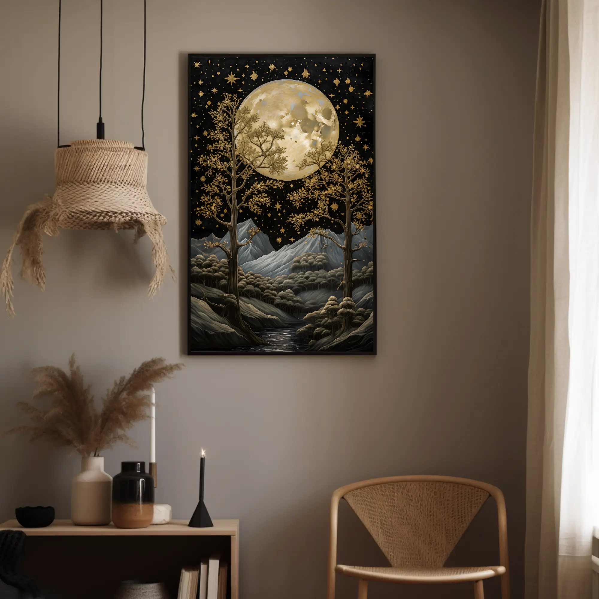 Golden Nightfall Wall Art: Moody Celestial Painting