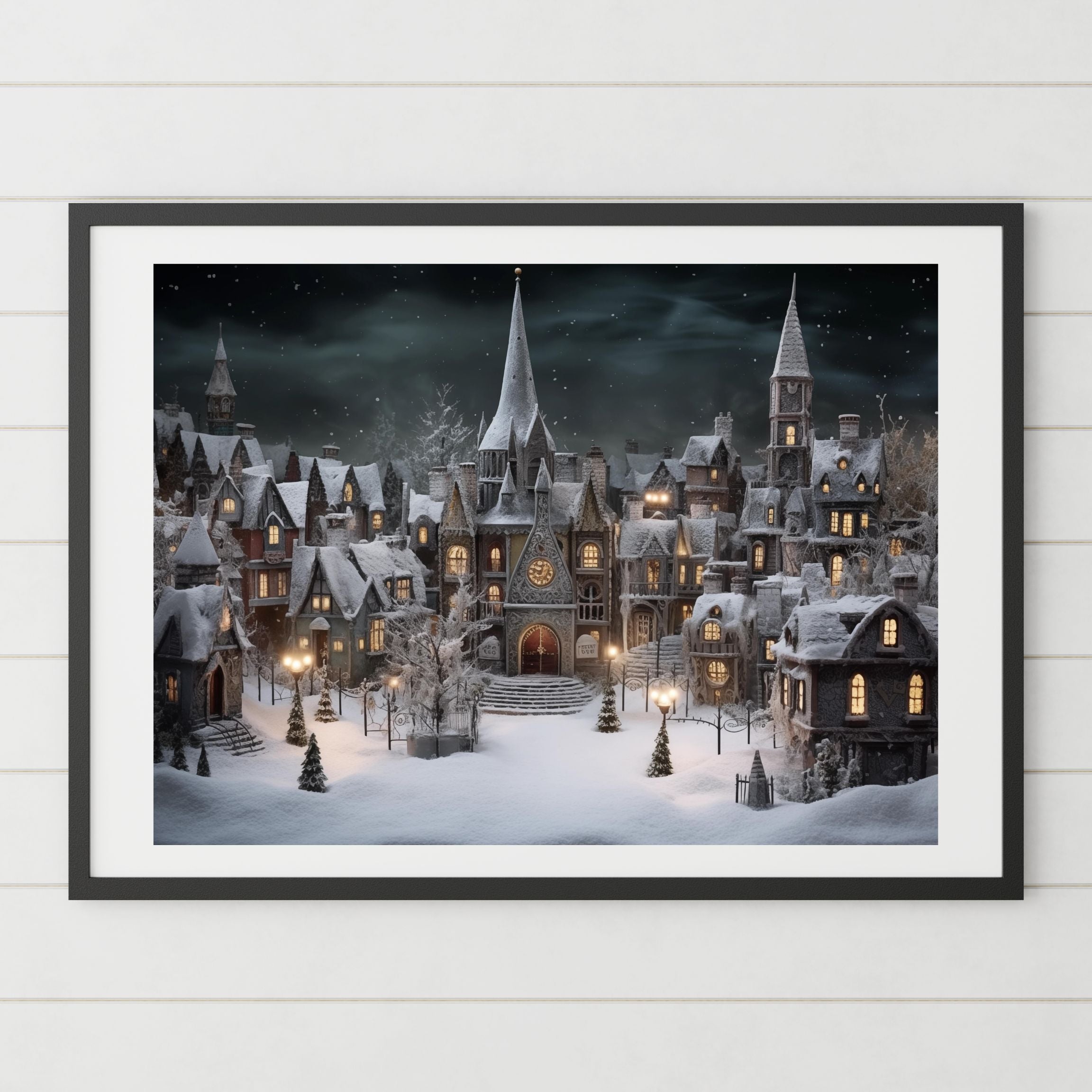 Gothic Religious Christmas Village Satin Art Print