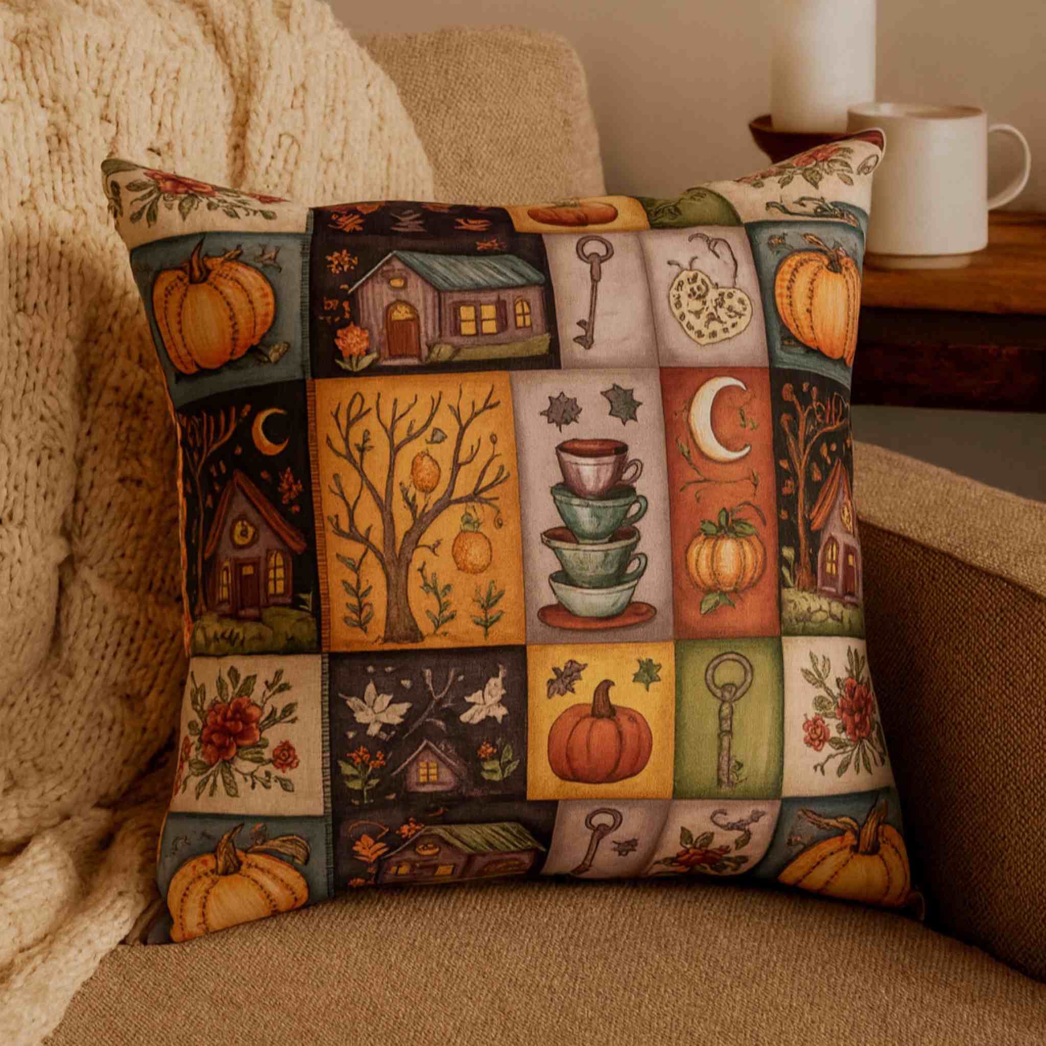 Autumn Folk Art Pillow - Halloween Patchwork | Hallow Season