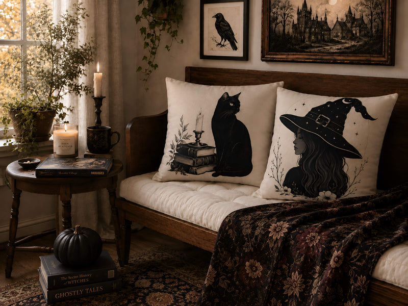 Gothic Halloween reading nook with black cat and witch printed pillows, dark floral throw, raven wall art, candlelight, and spooky cozy decor.