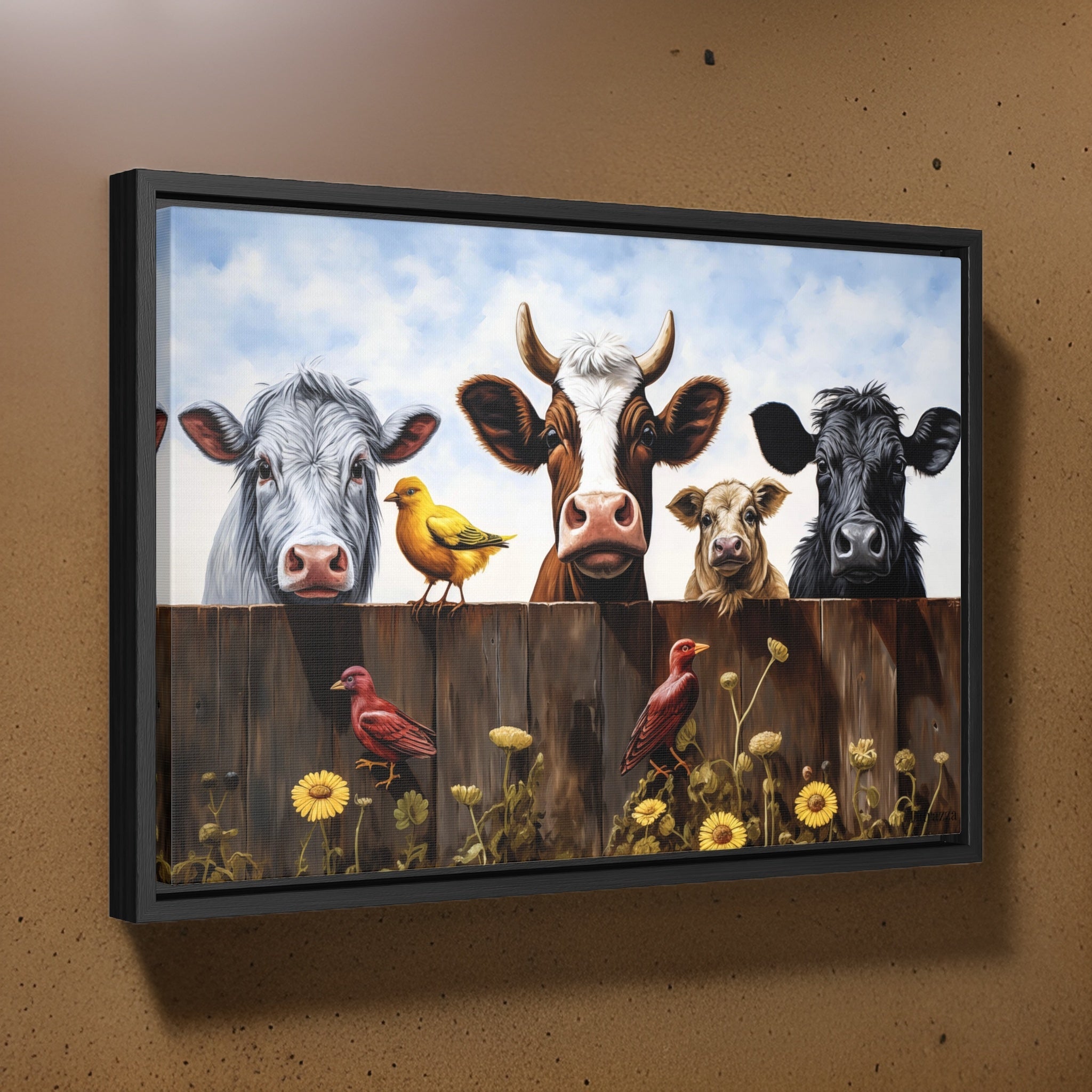 Happy Farmyard Wall Art: Cows Looking Over Rustic Fence