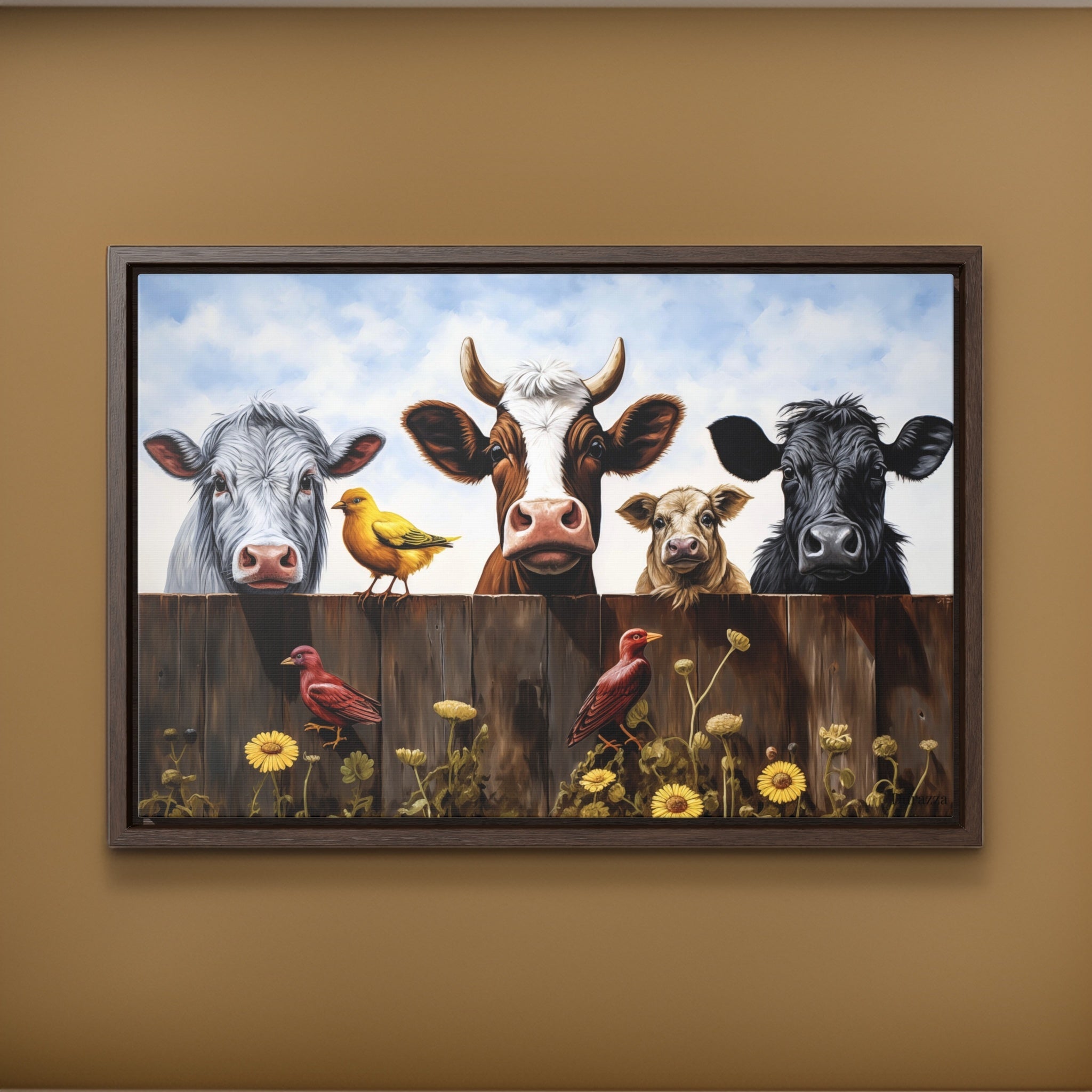 Happy Farmyard Wall Art: Cows Looking Over Rustic Fence