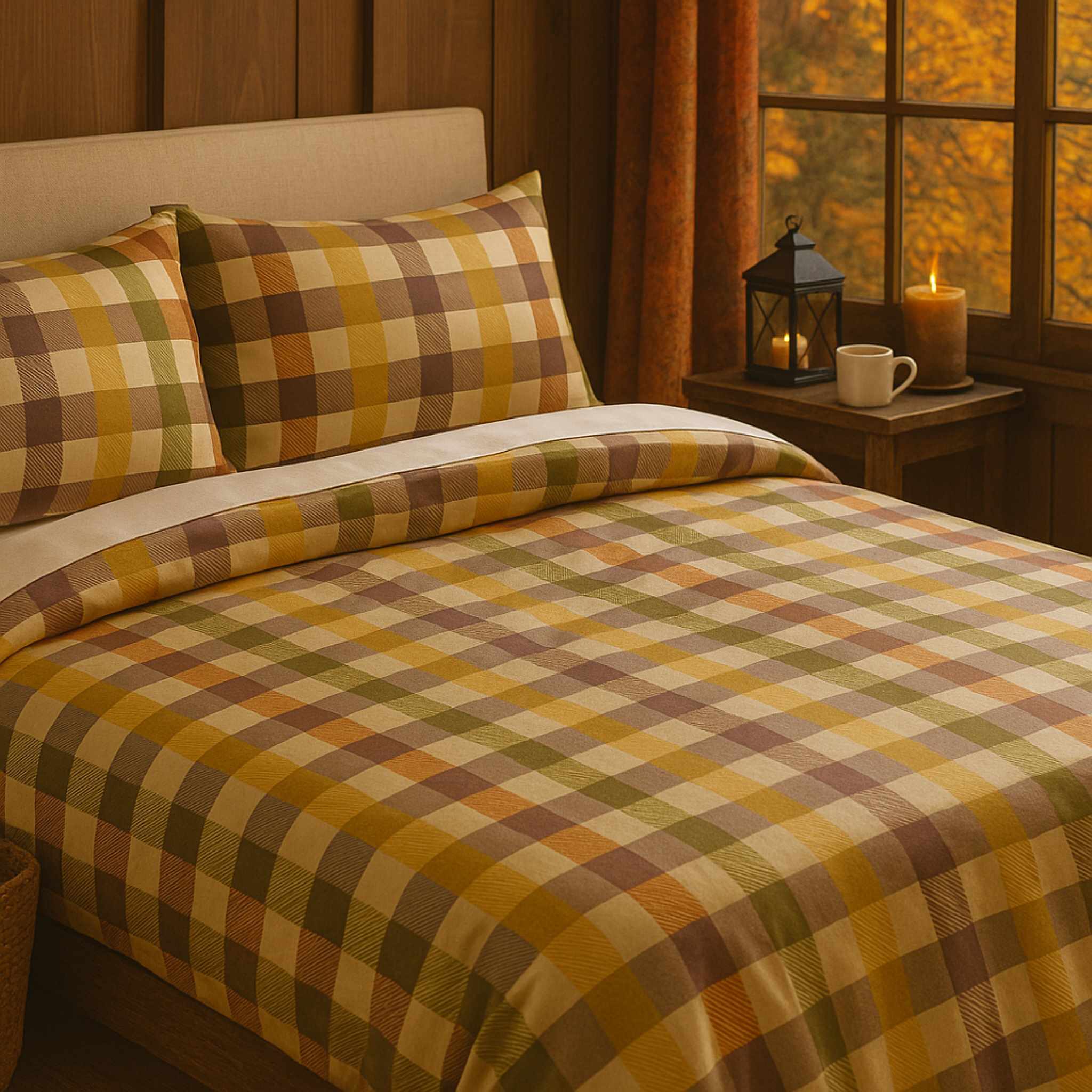 Bed with plaid bedding in a warm-toned room with candles and curtains.