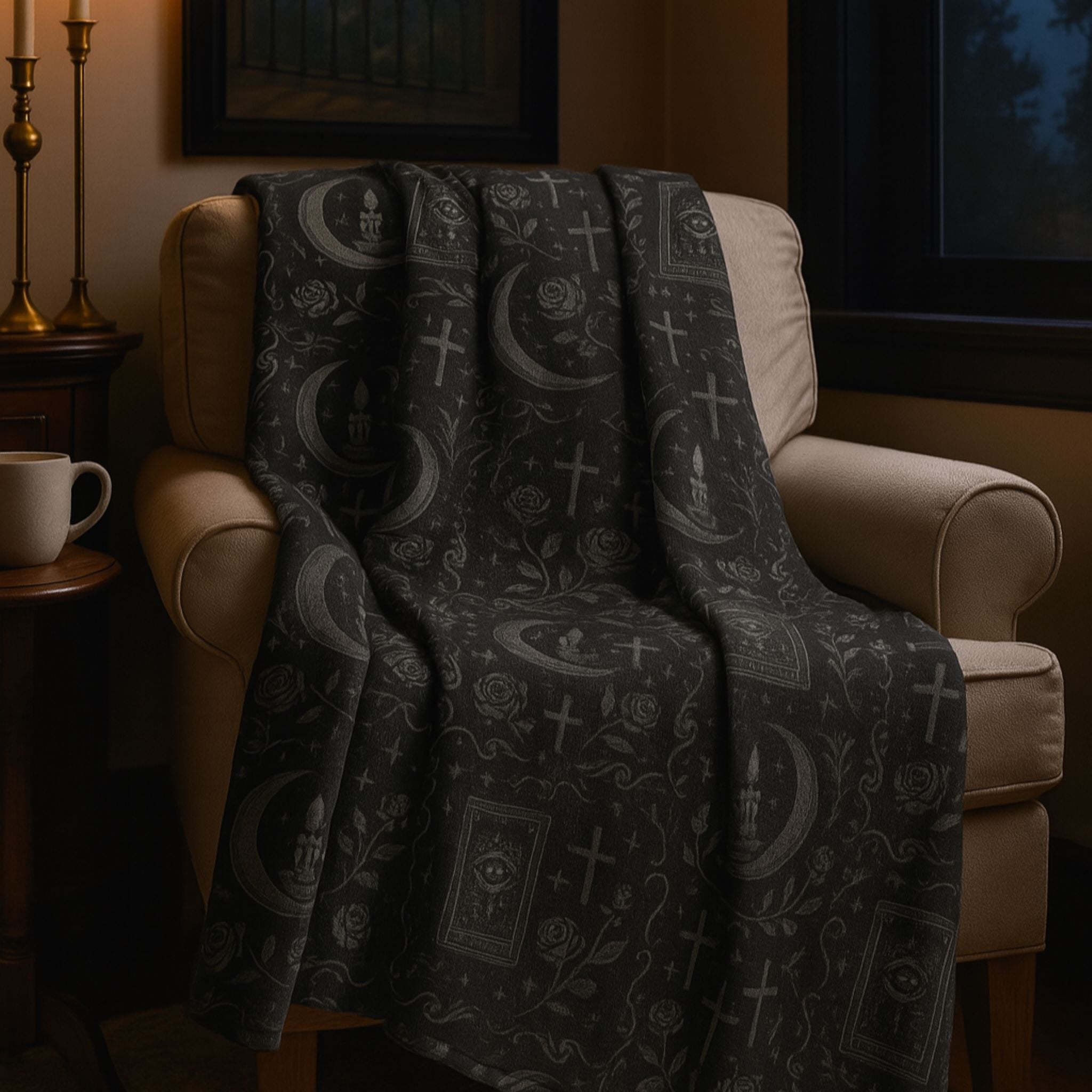 Dark patterned blanket draped over a beige armchair in a dimly lit room.