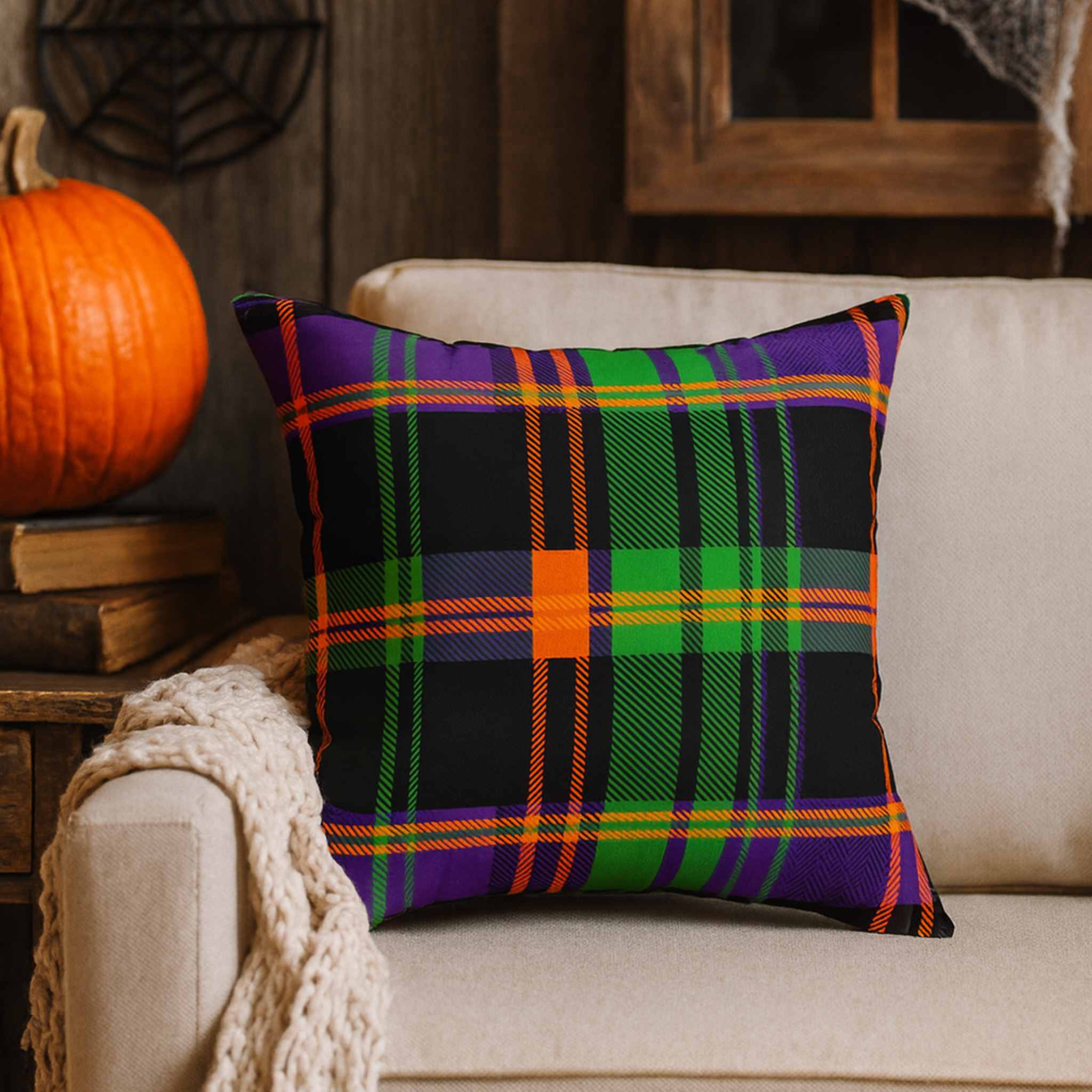 Plaid Throw Pillow – Woven Gothic Halloween Cushion | Hex Check