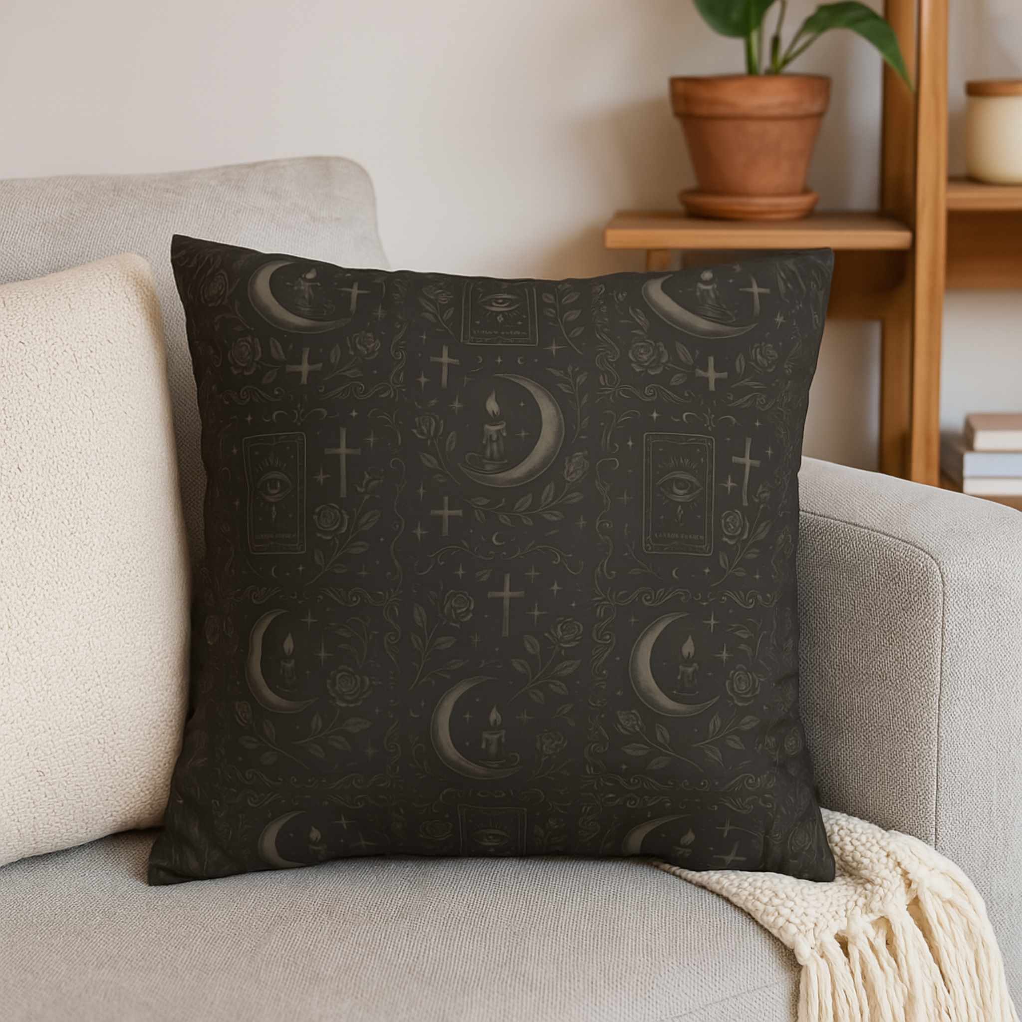 Decorative pillow with celestial pattern on a couch