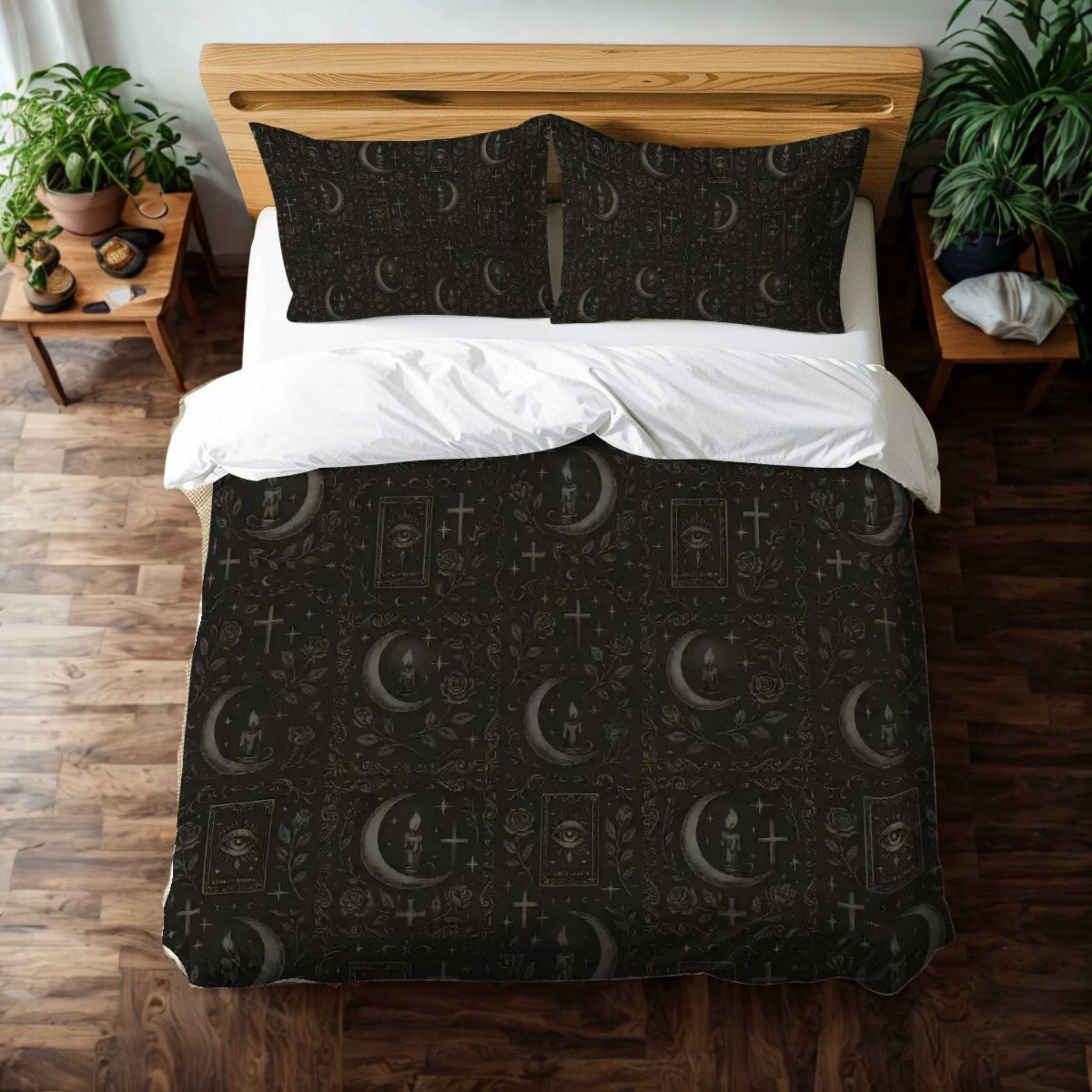 Bed with black witchy bedding and wooden headboard in a room with plants and wooden nightstands.