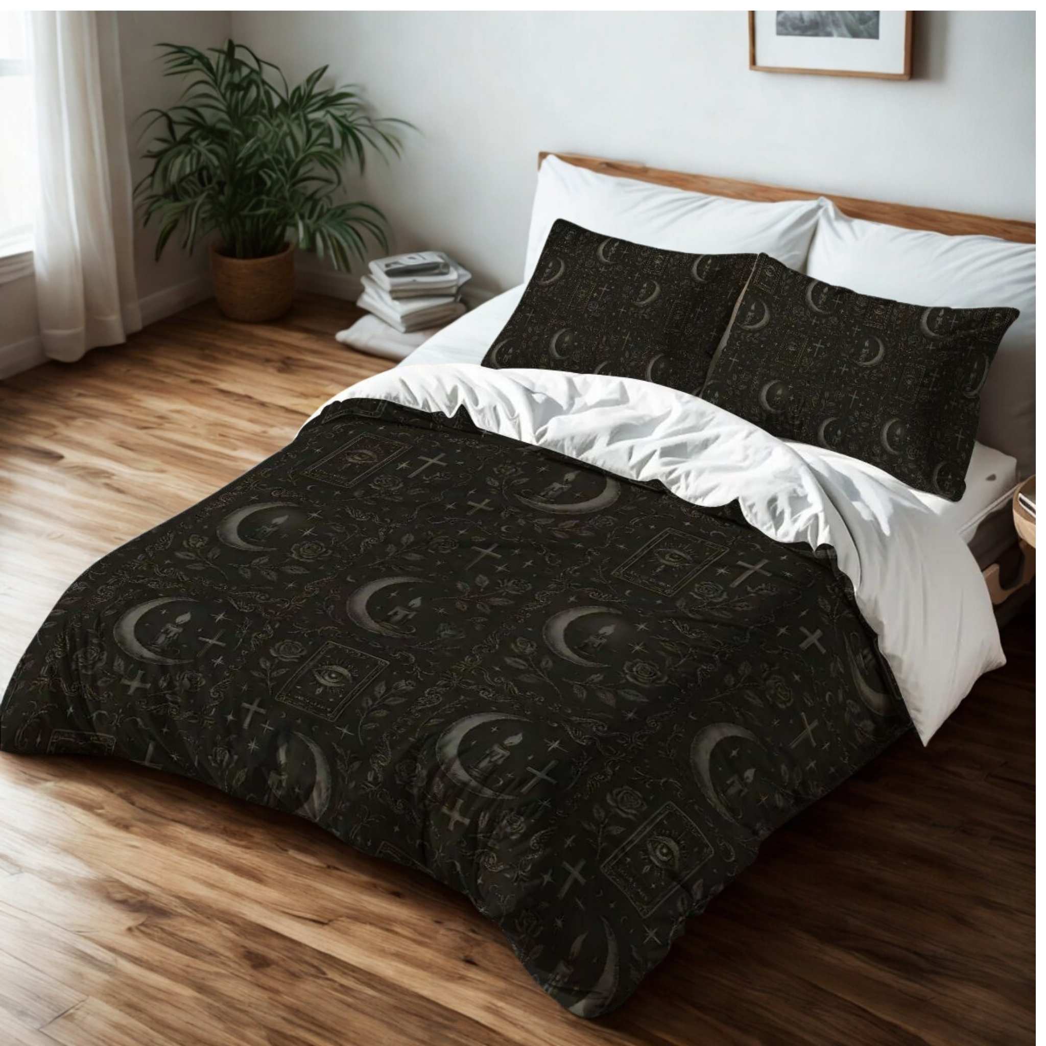 Witchcore Black patterned duvet set with pillow shams on a bed in a bedroom setting.