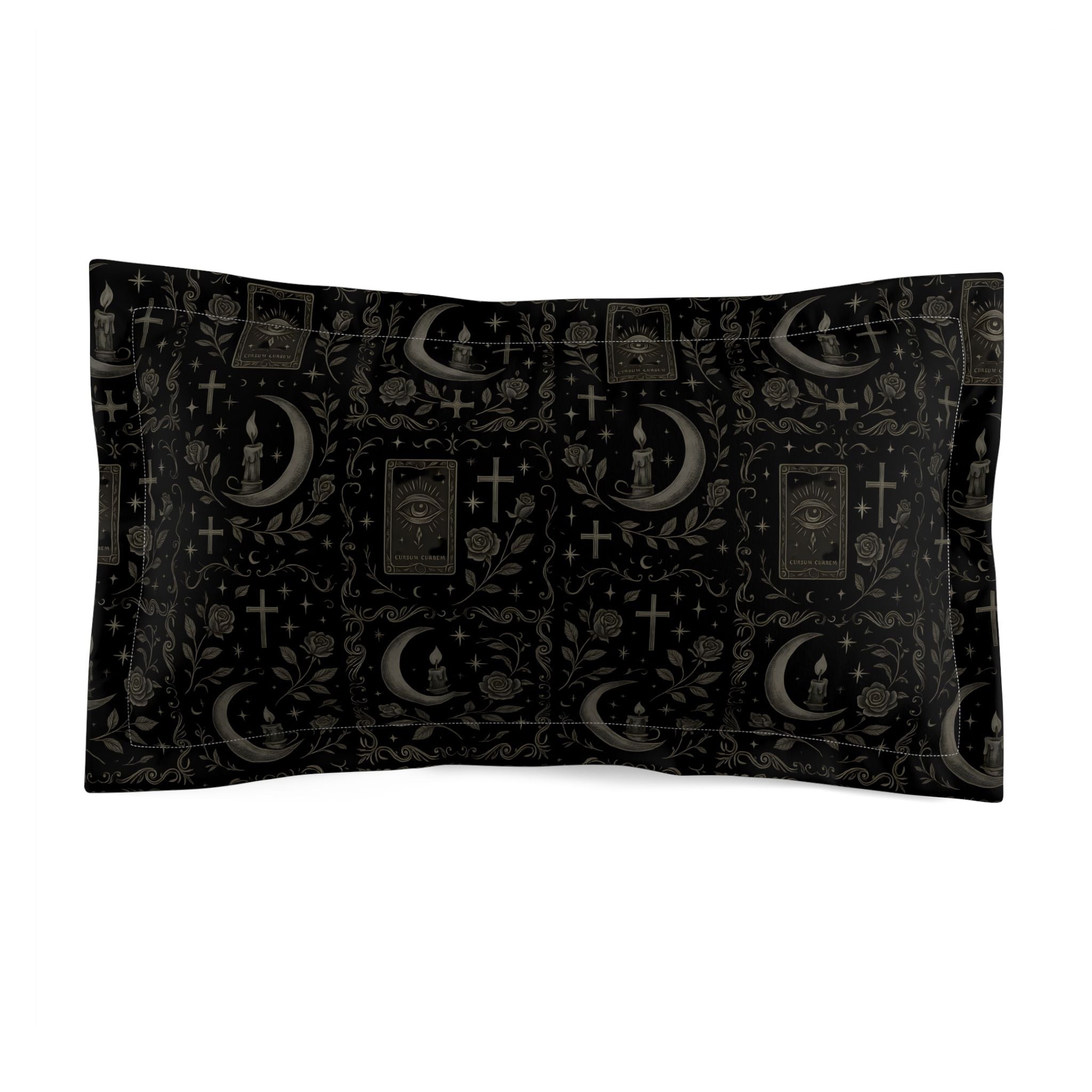 Black pillowcase with celestial and occult symbols on a white background