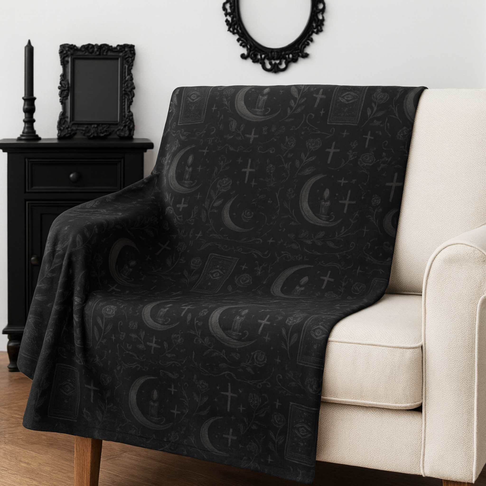 Occult Throw Blanket – Gothic Moon & Candle | Hexhaven