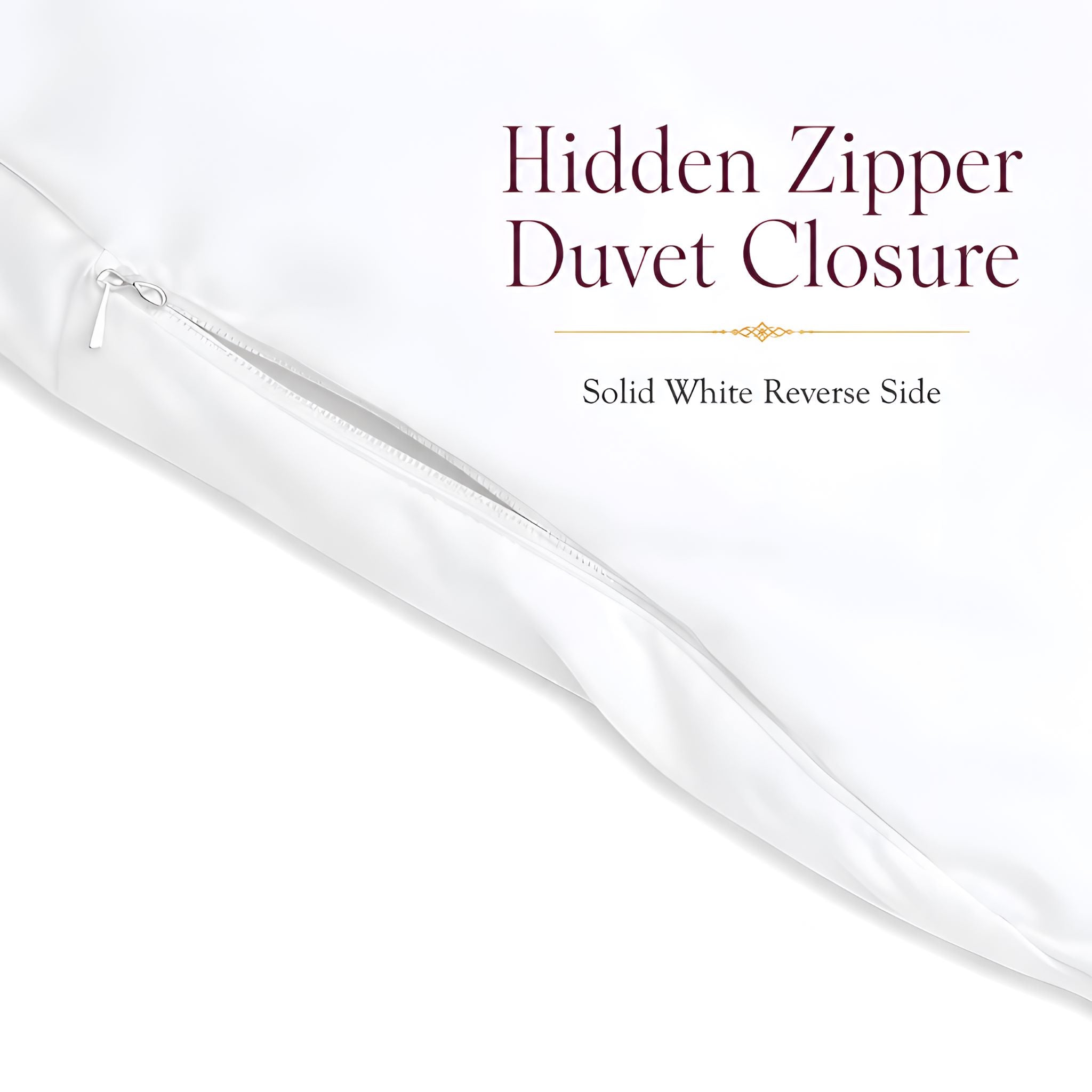 Close-up of a white duvet cover or pillowcase showing a diagonal zipper with text reading 'Hidden Zipper Duvet Closure' and 'Solid White Reverse Side' on a white background.