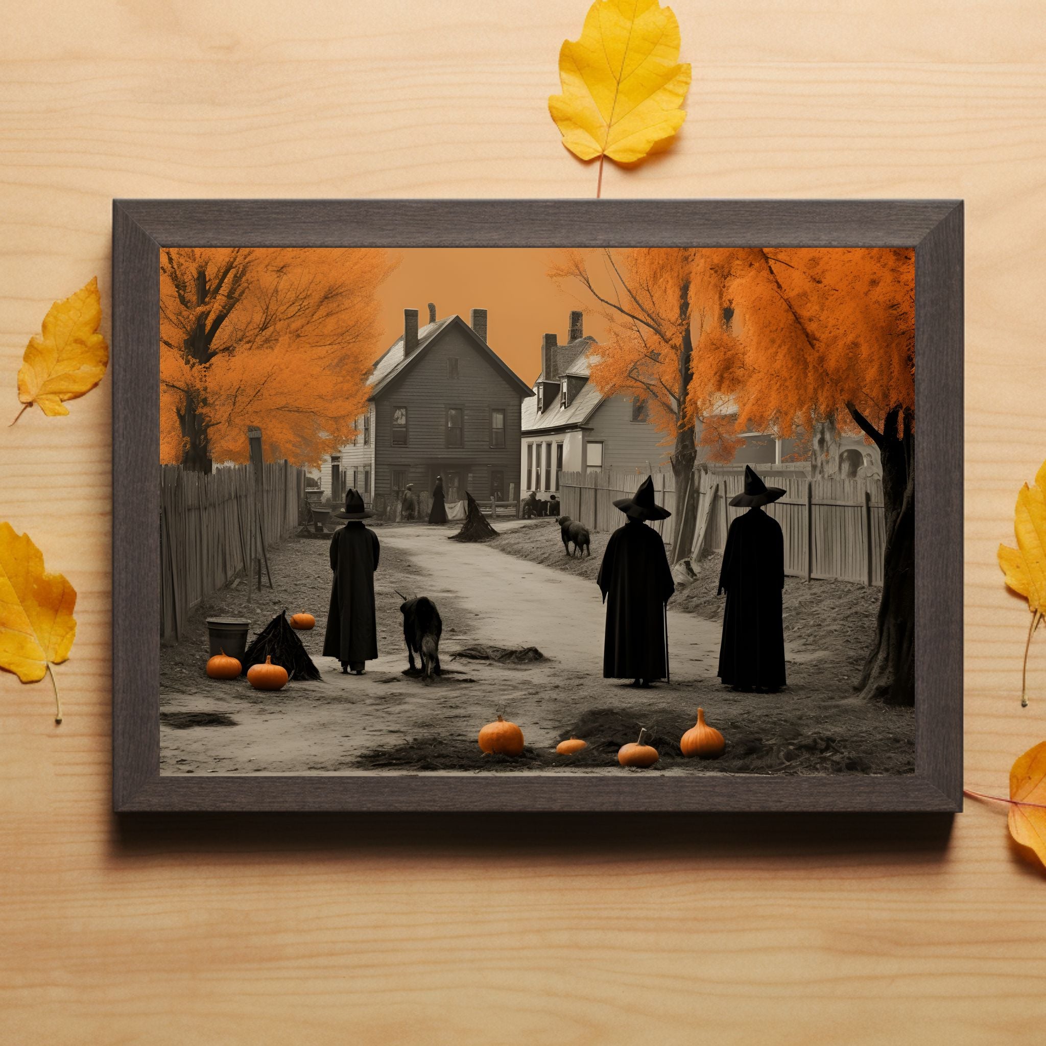 Historical Witchcore Satin Art Print: Three Witches with Pumpkins