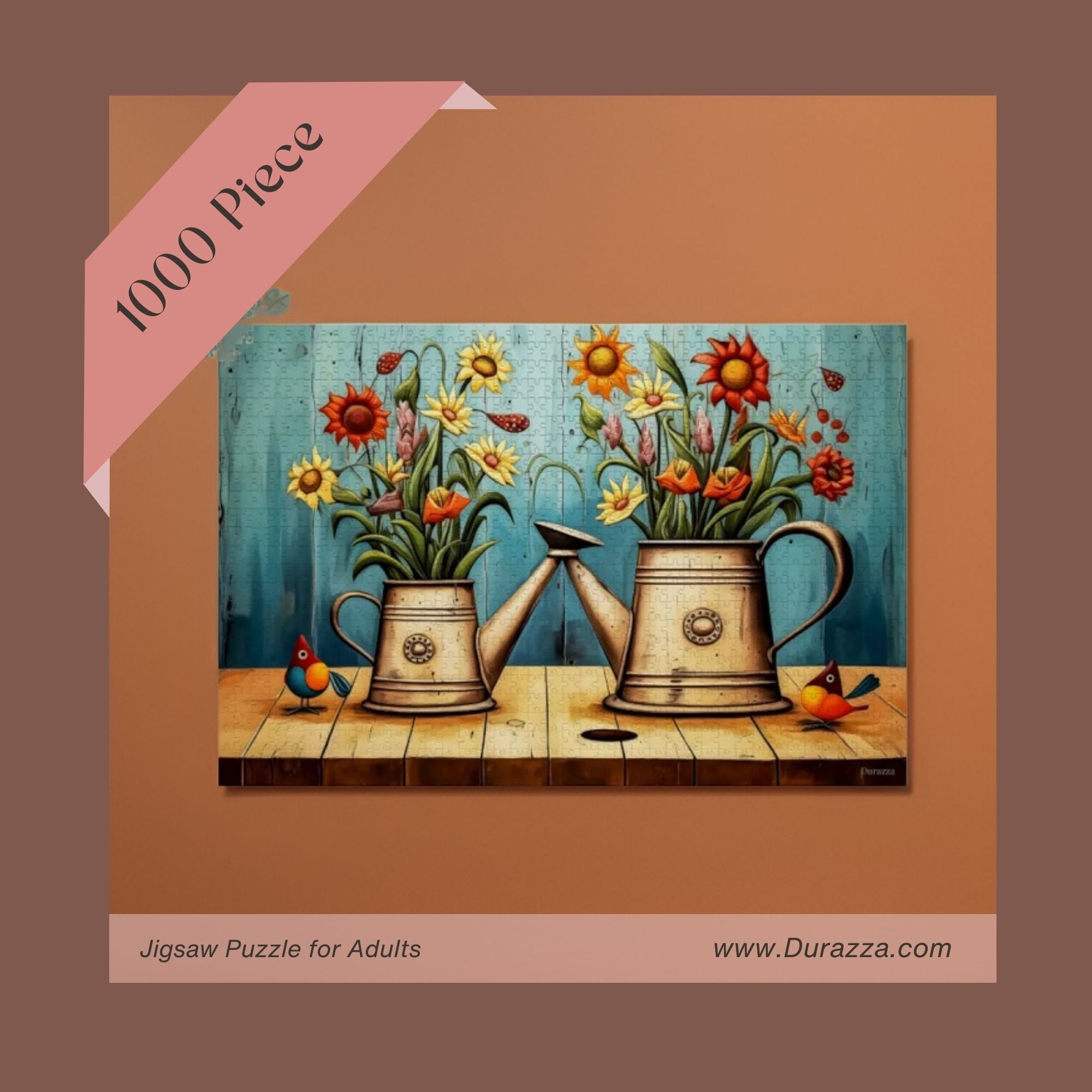 Watering Can Flower Wooden Jigsaw Puzzle: 500 or 1000 Piece