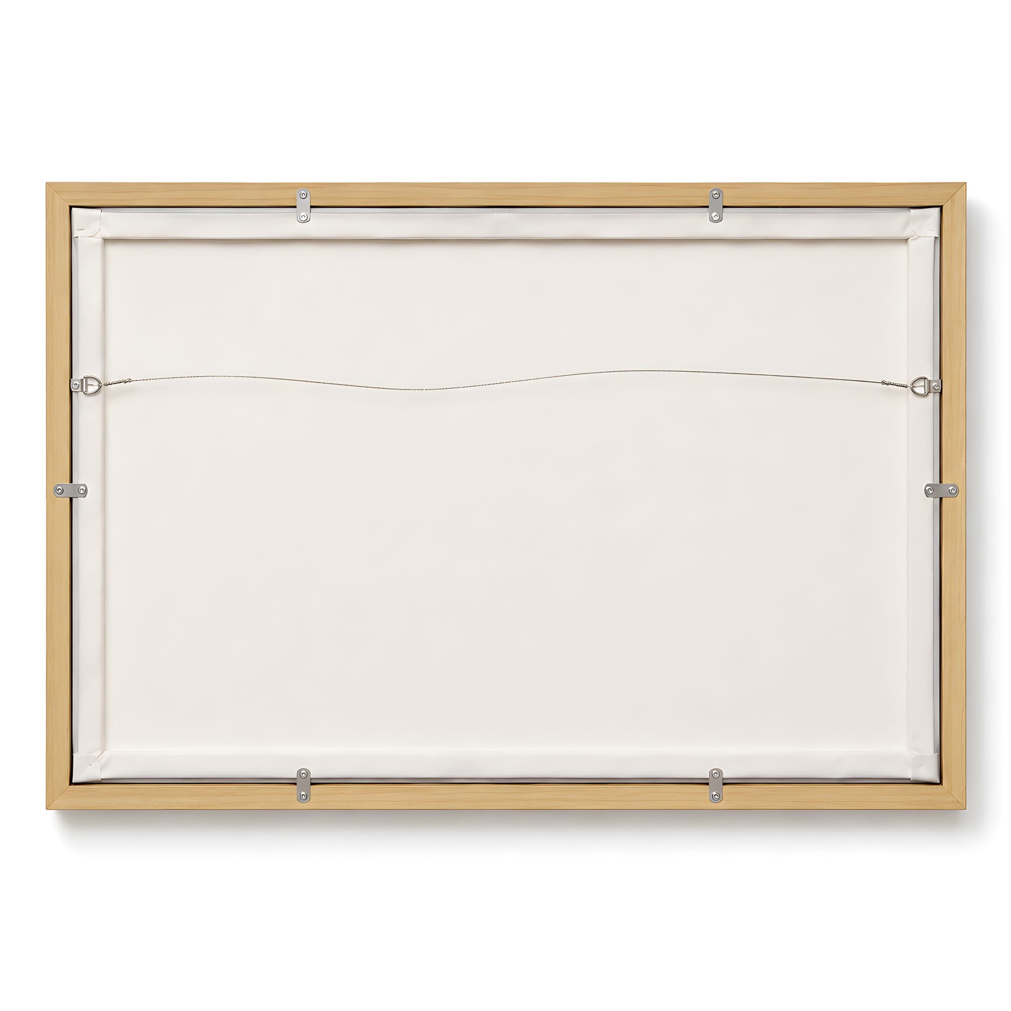 Canvas wall art back detail showing frame structure, hardware, and stretched canvas.
