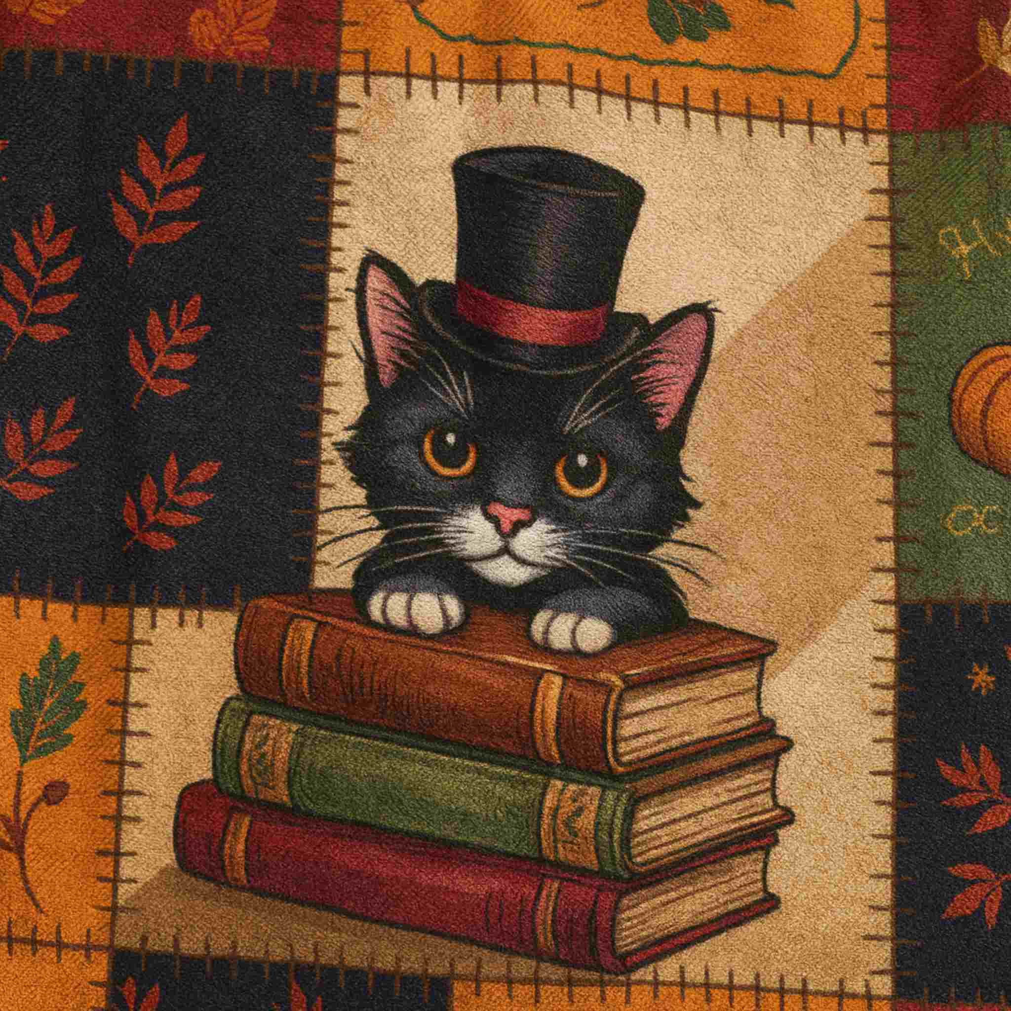 Autumn Cat Blanket – Patchwork Books and Pumpkins | Inkwhisker