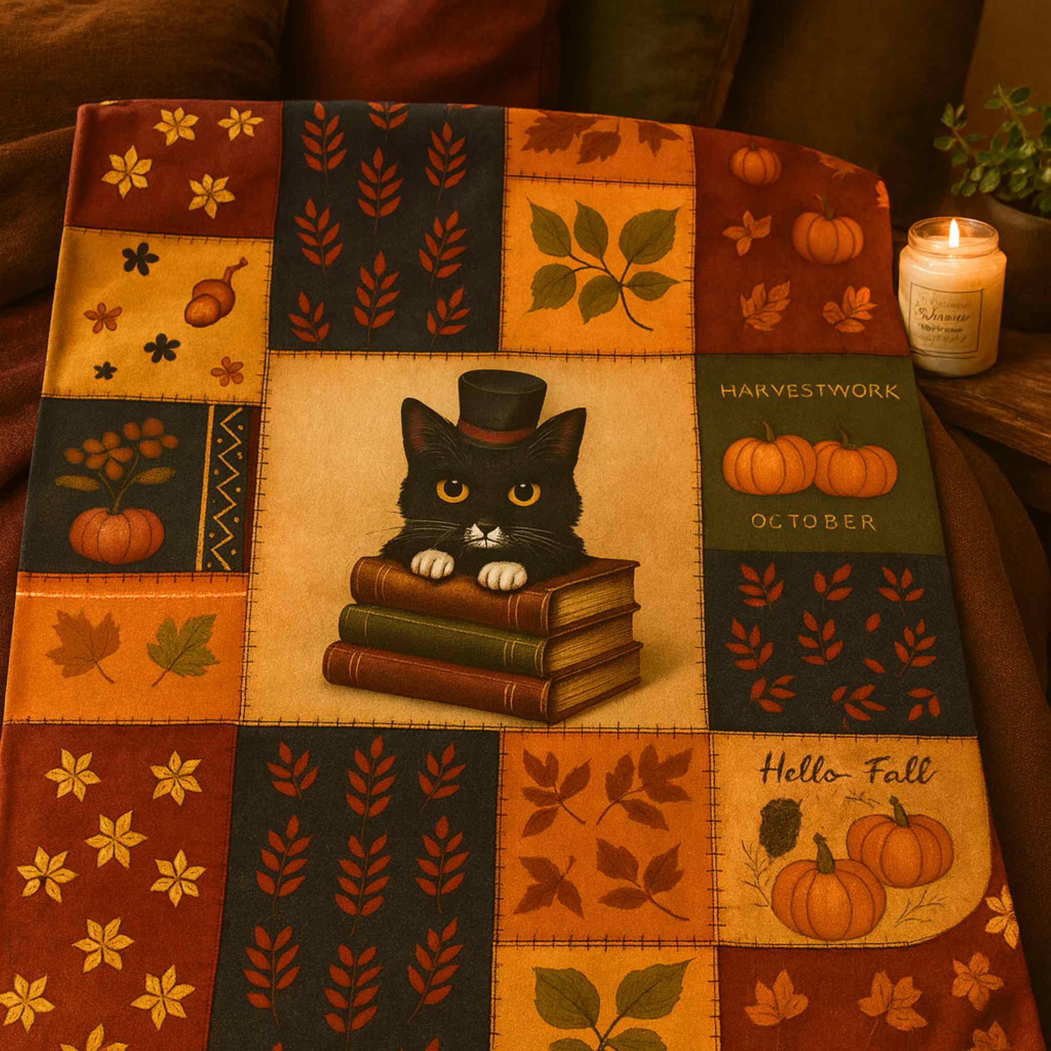 Autumn Cat Blanket – Patchwork Books and Pumpkins | Inkwhisker