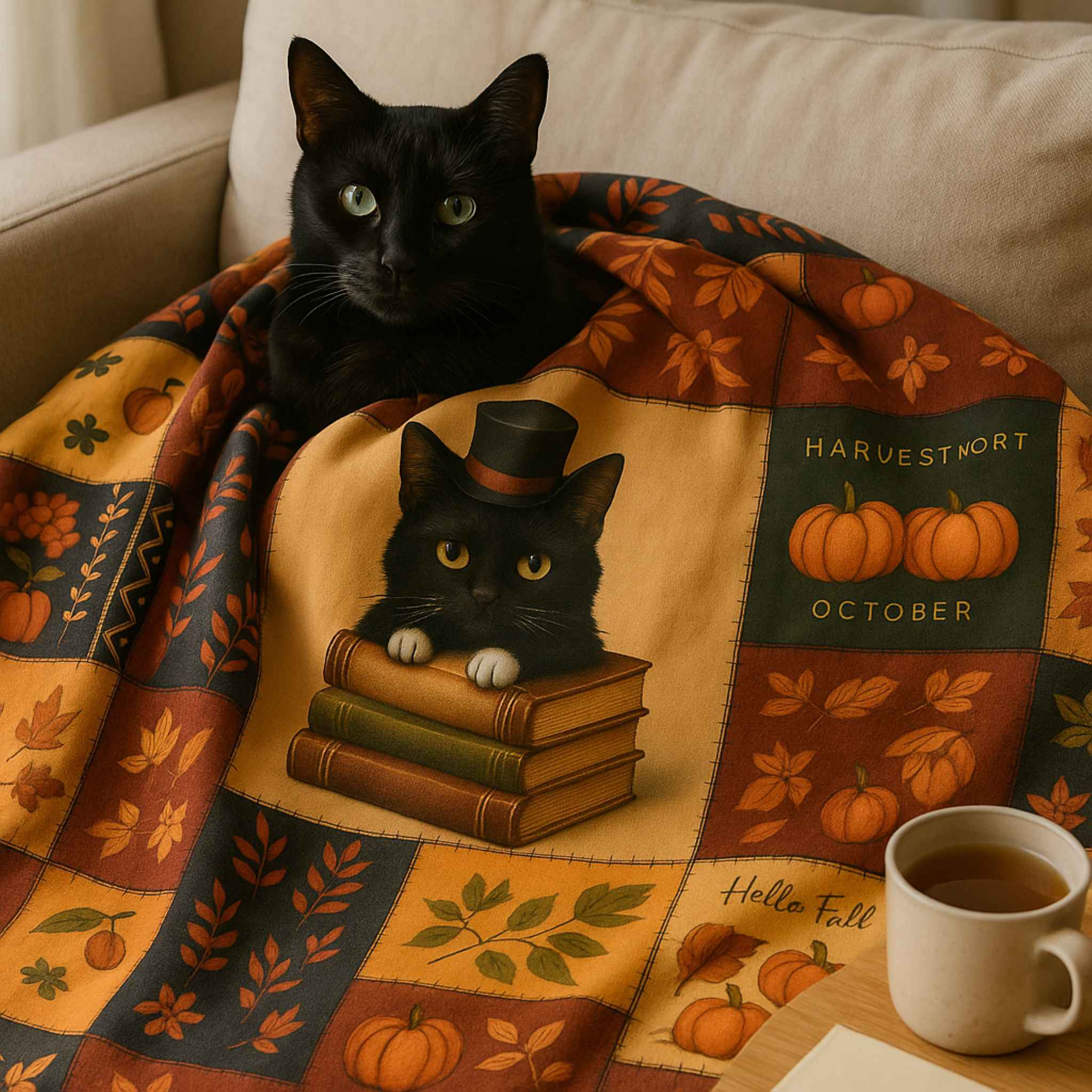 Autumn Cat Blanket – Patchwork Books and Pumpkins | Inkwhisker