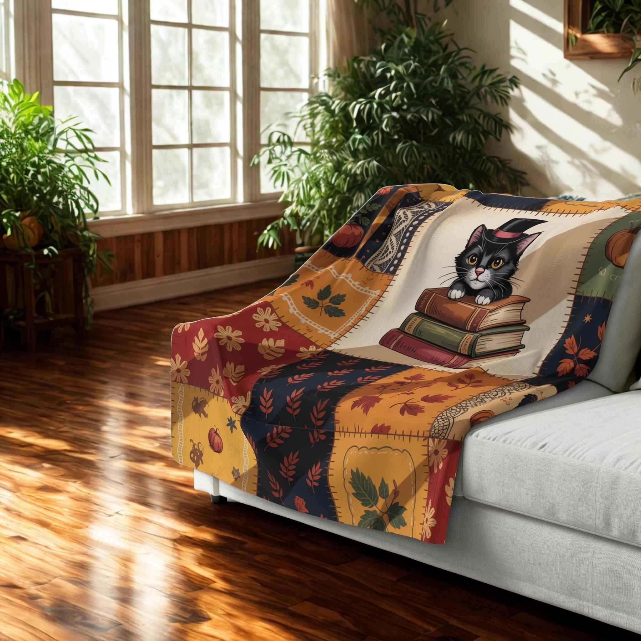 Autumn Cat Blanket – Patchwork Books and Pumpkins | Inkwhisker