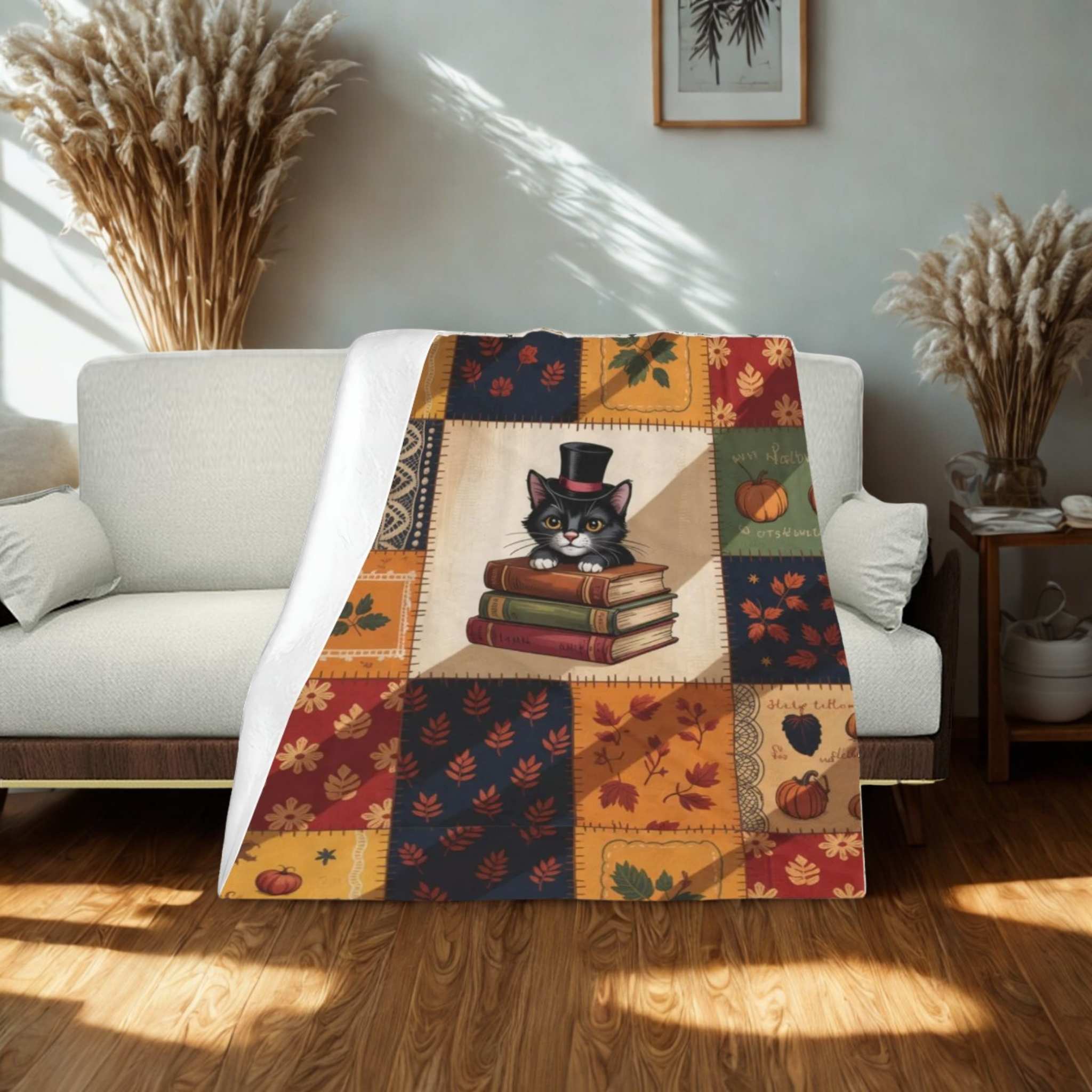 Autumn Cat Blanket – Patchwork Books and Pumpkins | Inkwhisker