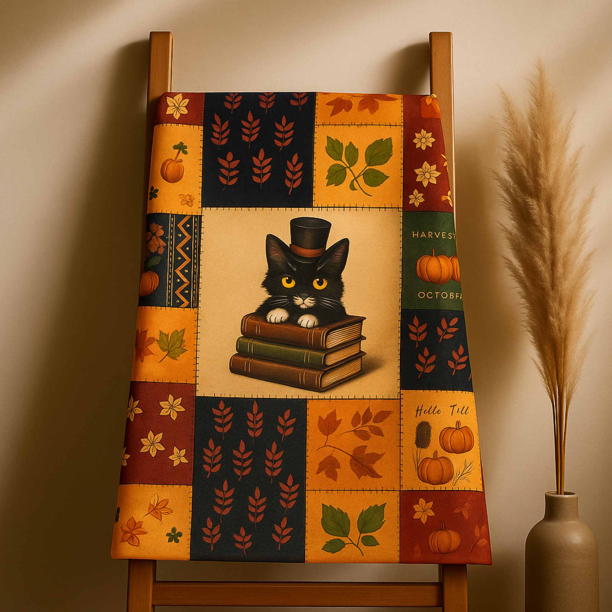 Autumn Cat Blanket – Patchwork Books and Pumpkins | Inkwhisker