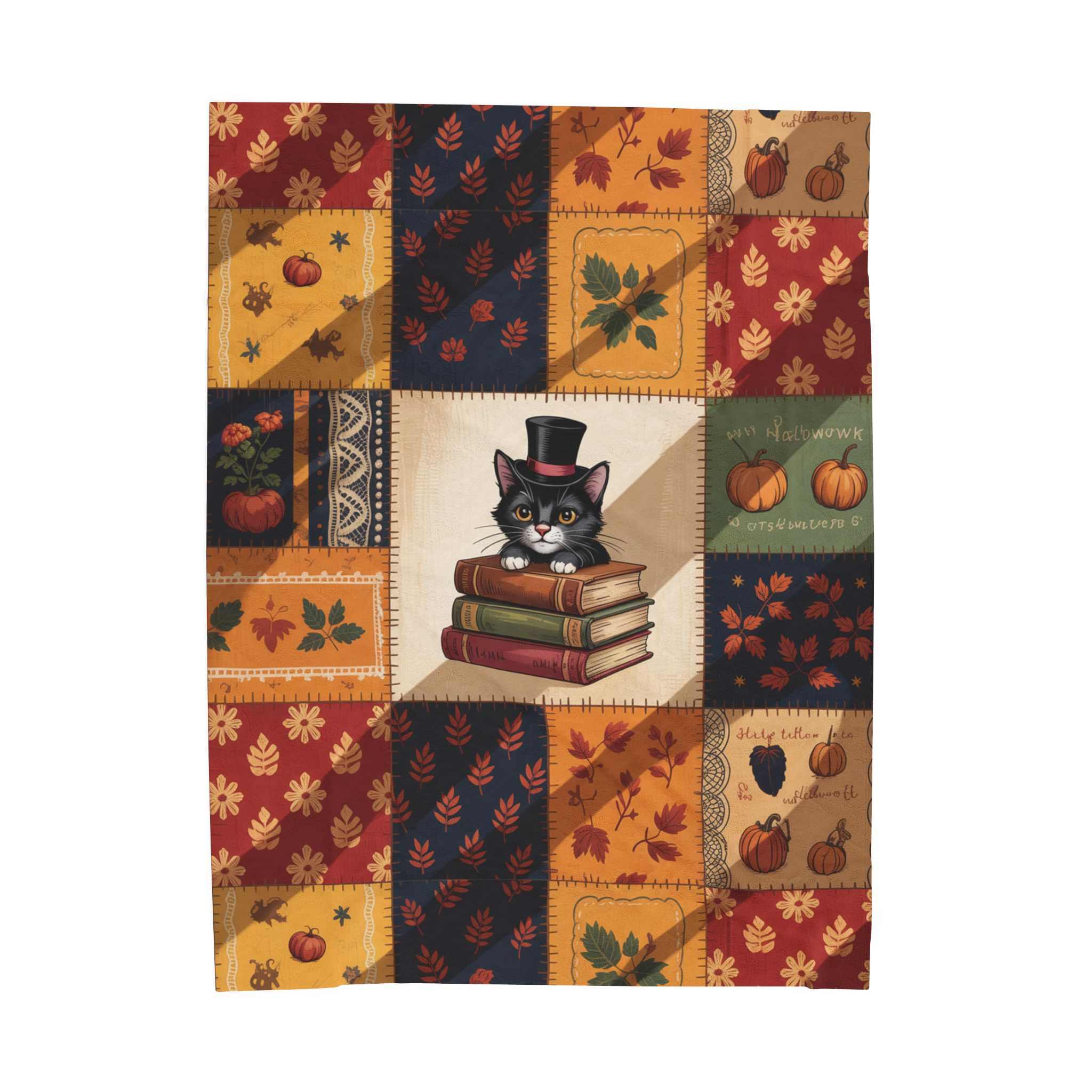 Autumn Cat Blanket – Patchwork Books and Pumpkins | Inkwhisker