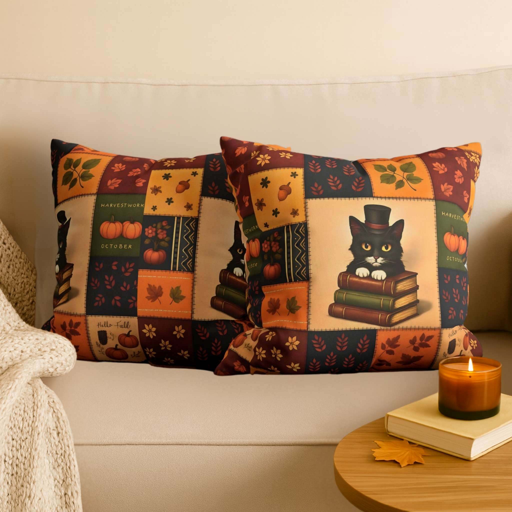 Decorative pillow showing front and backside with a cat and book design on a couch, accompanied by a candle and book.
