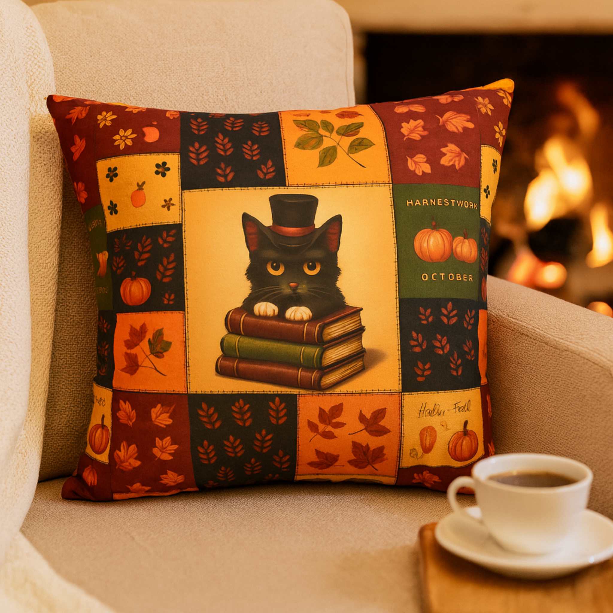 Decorative pillow with a black cat design on a couch next to a cup of coffee.