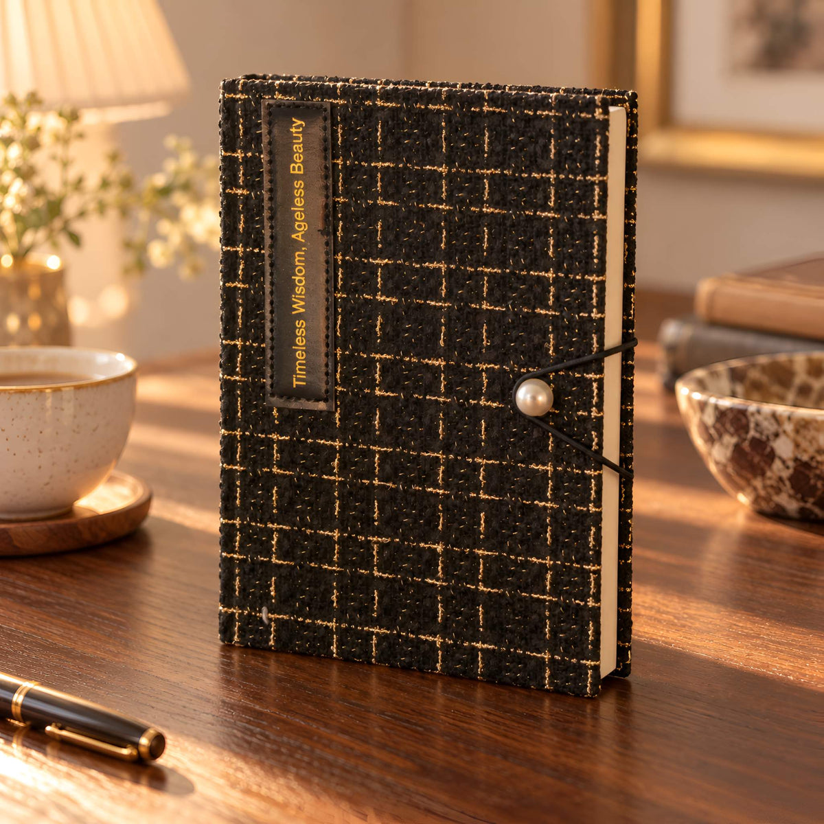 Black  and gold fabric journal with a thin gold-thread check and pearl-like accent standing on a wooden desk beside a gold pen.