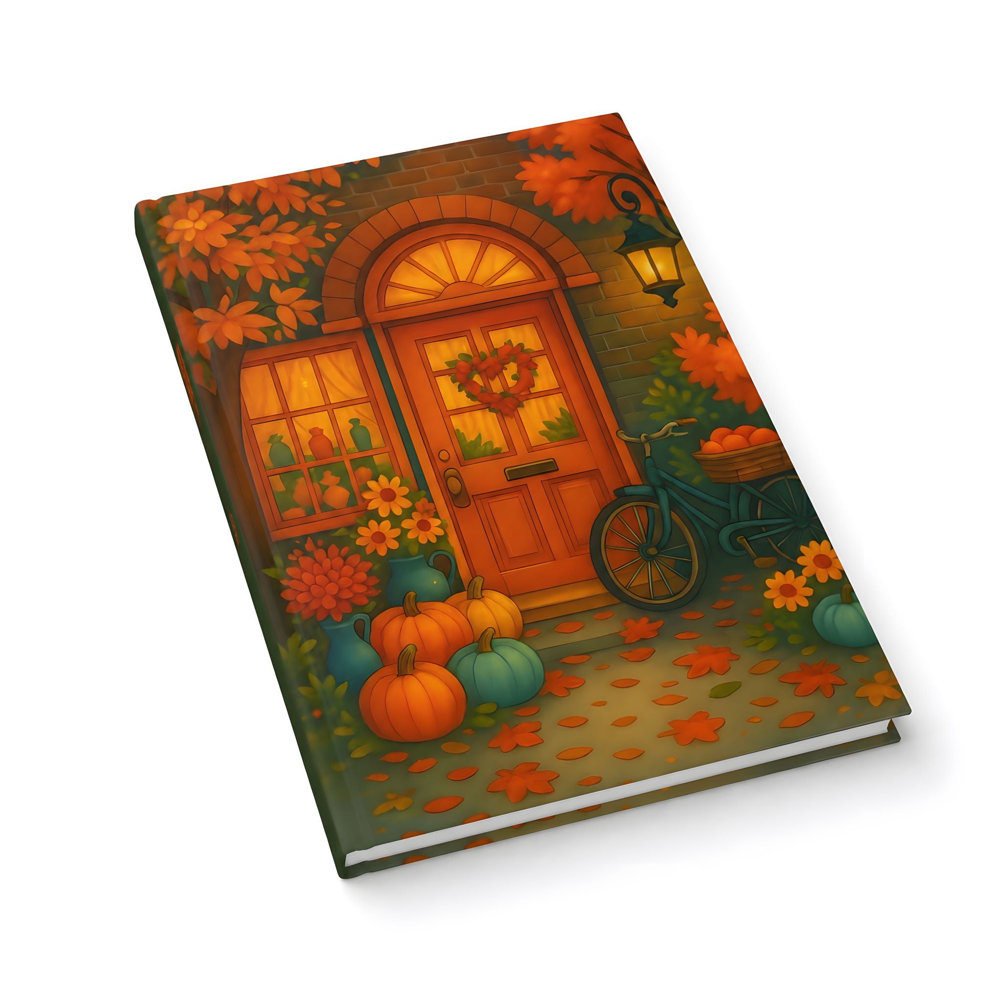 Fall cottage hardcover journal with autumn doorway artwork on white background.