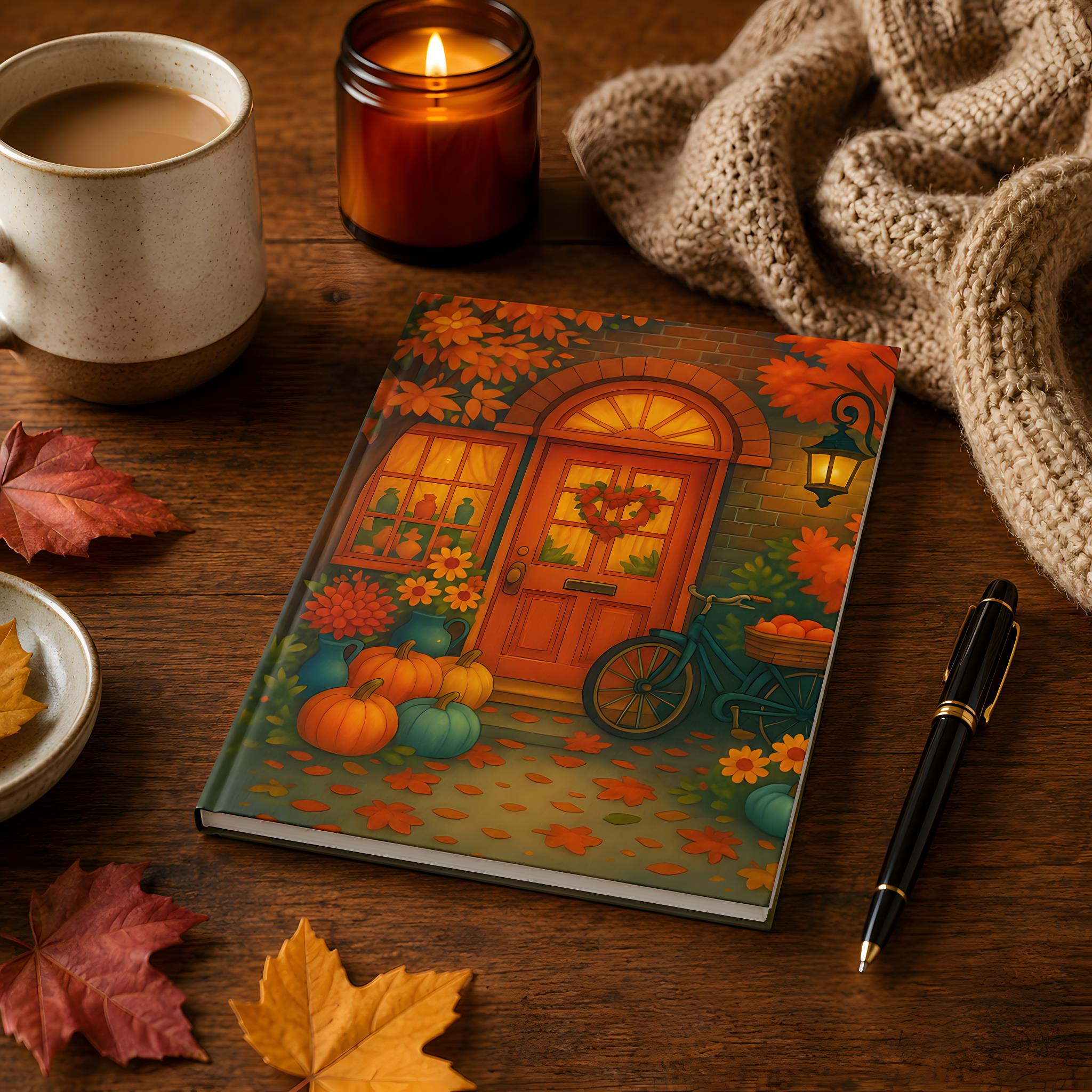 Fall cottage journal with glowing doorway art styled on a cozy wooden desk with candle.