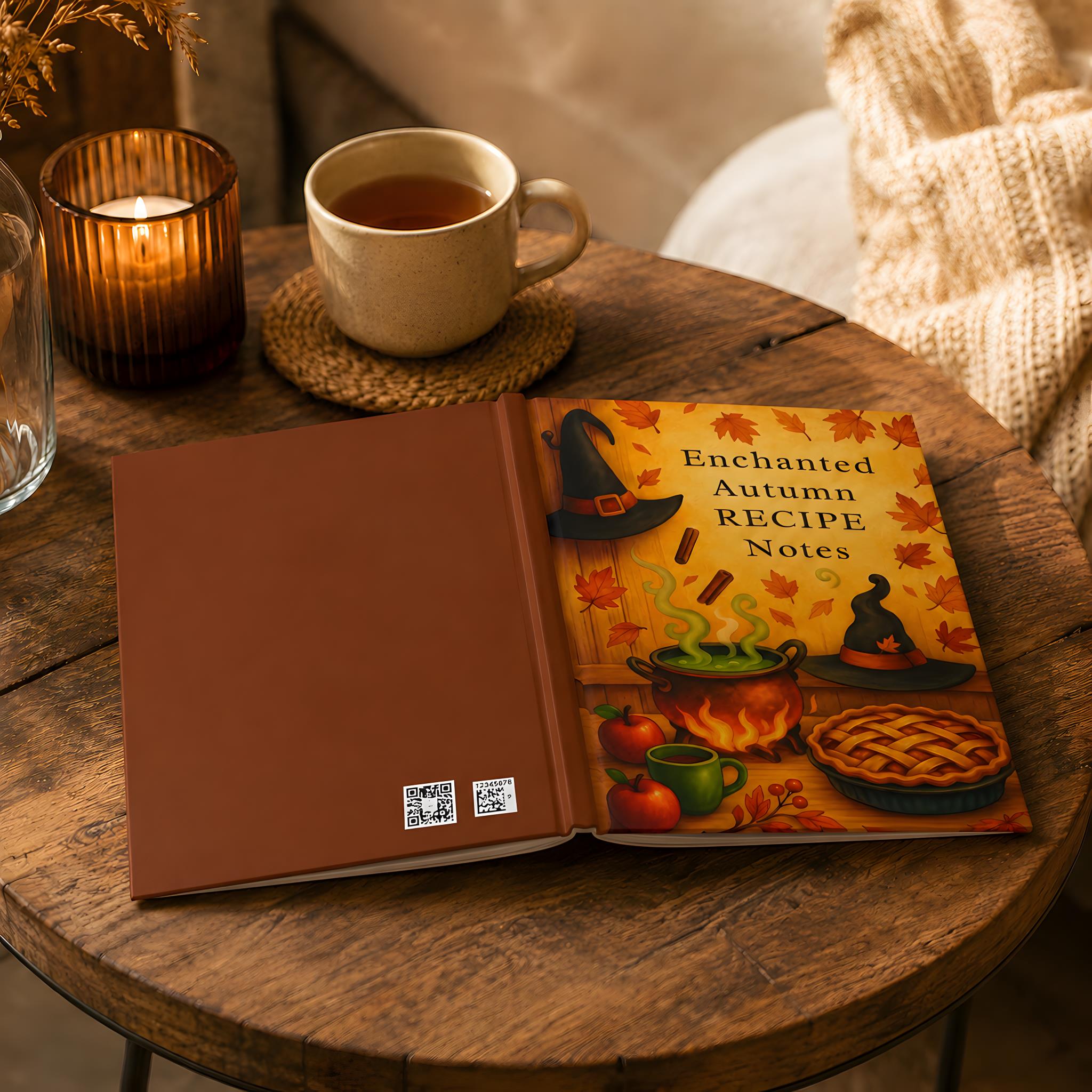Fall kitchen notes journal styled with candlelight, cup, and cozy autumn decor.