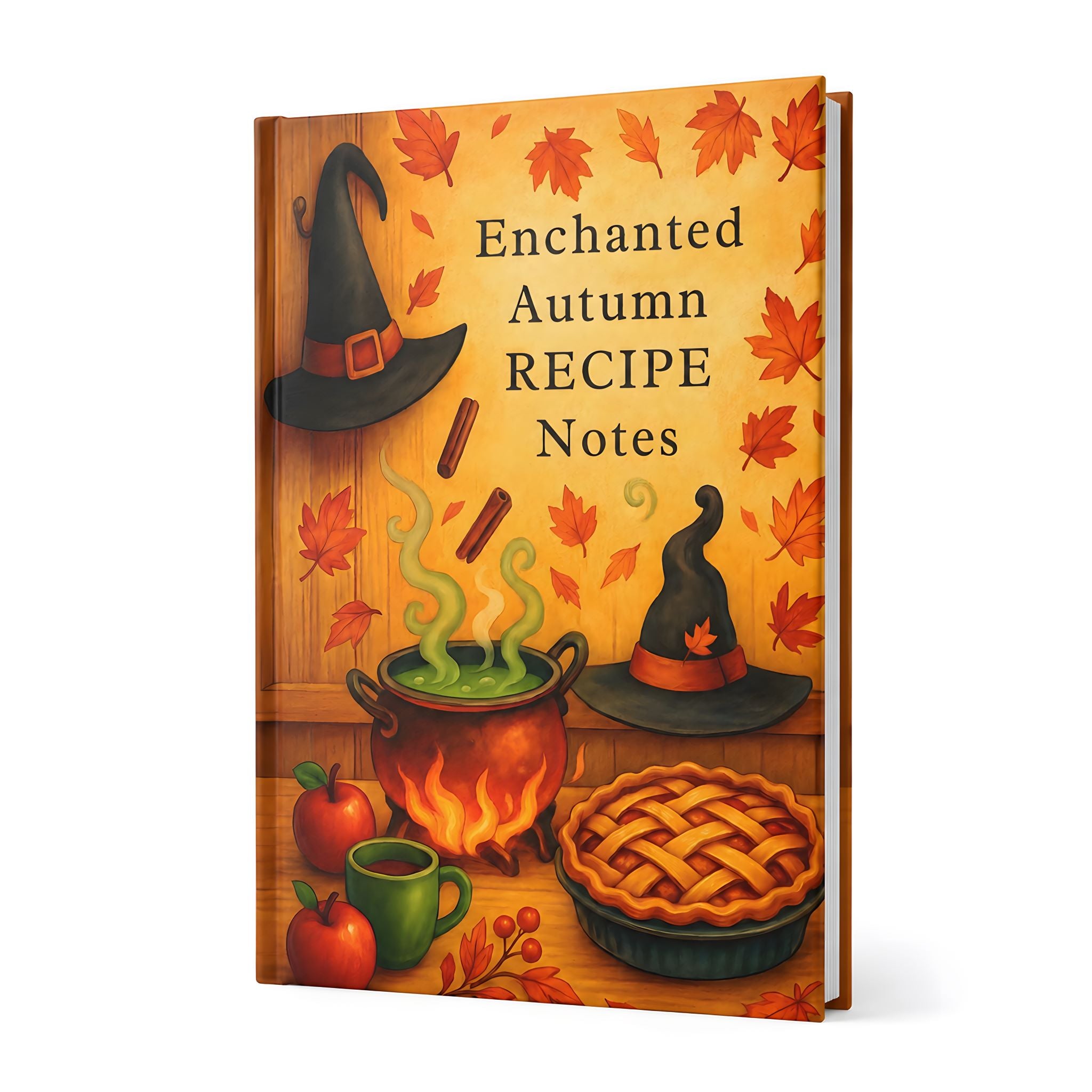 Enchanted Autumn lined journal with golden fall kitchen artwork on white background.