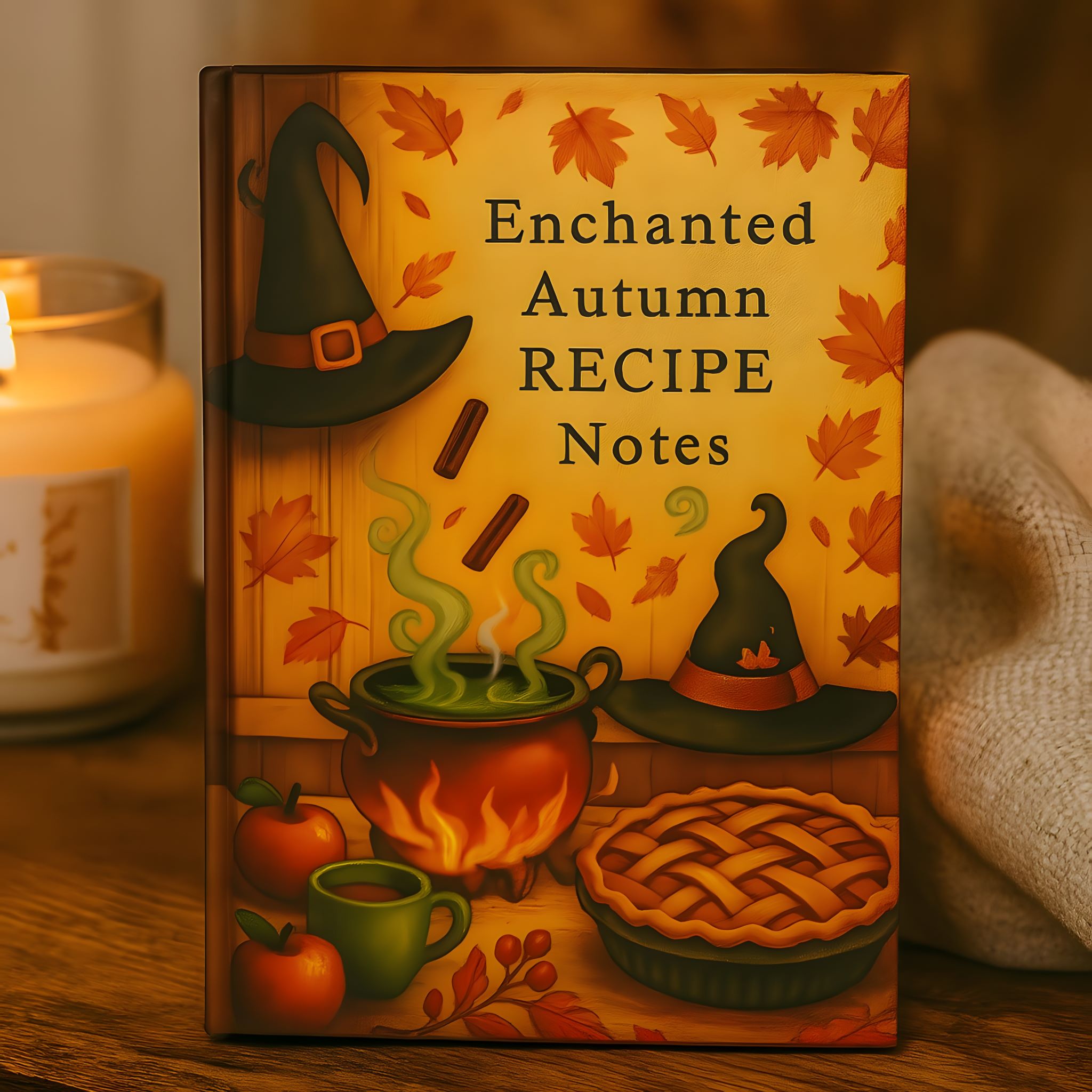 Fall kitchen notes journal with witch hats, pie, apples, and golden leaves.