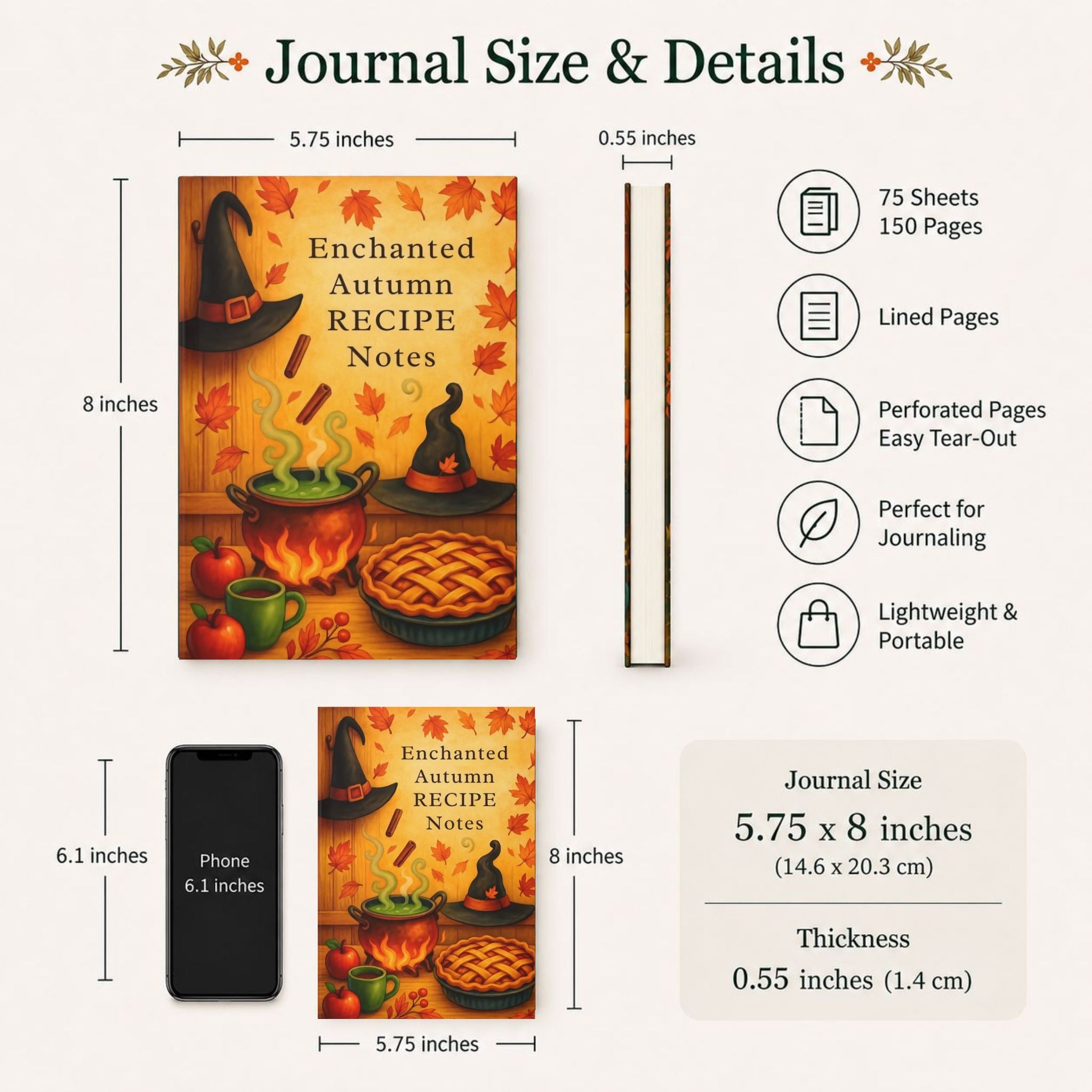 Enchanted Autumn journal size guide showing 5.75 x 8 inch hardcover details