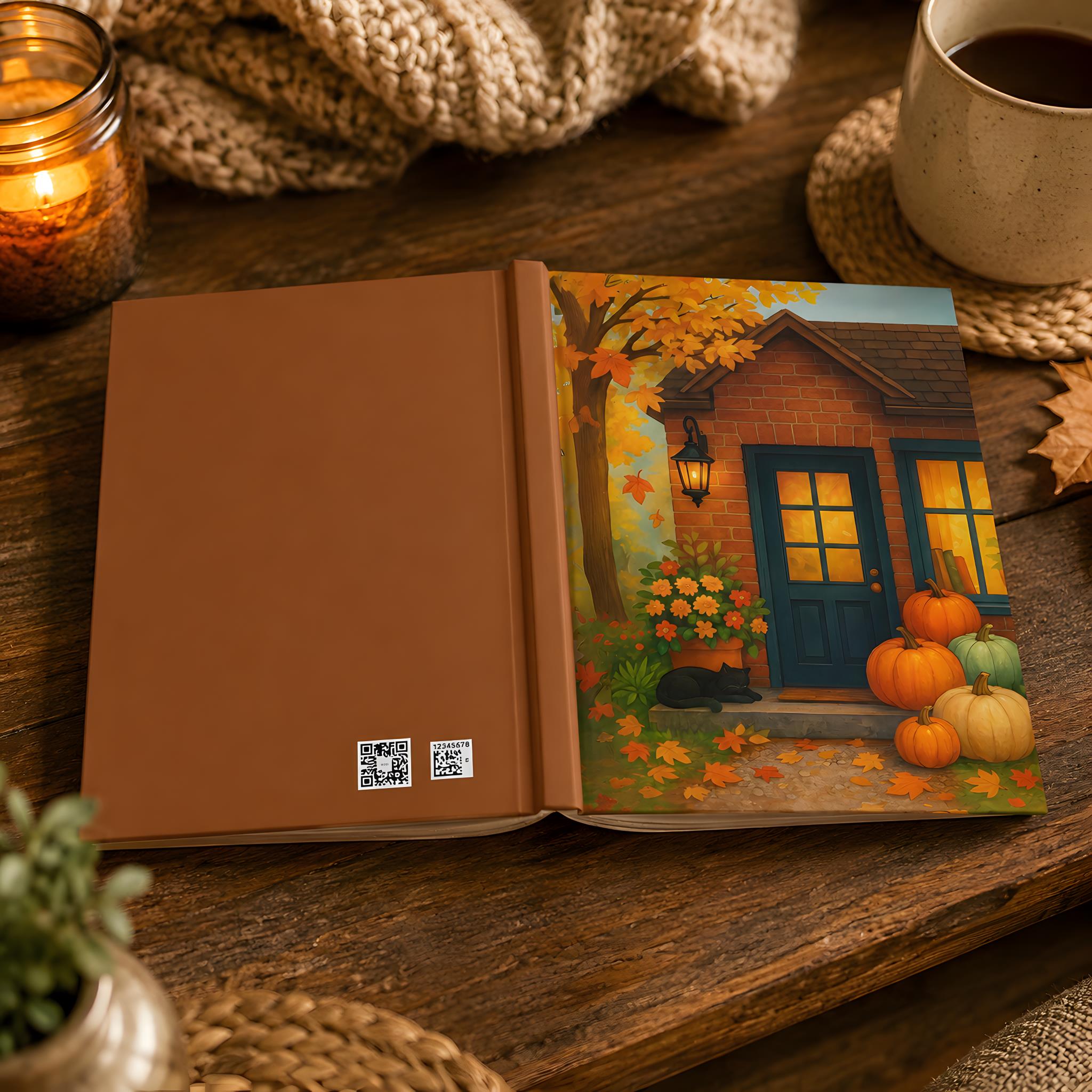 Fall cottage hardcover journal styled with candlelight, pumpkins, and warm autumn tabletop decor.