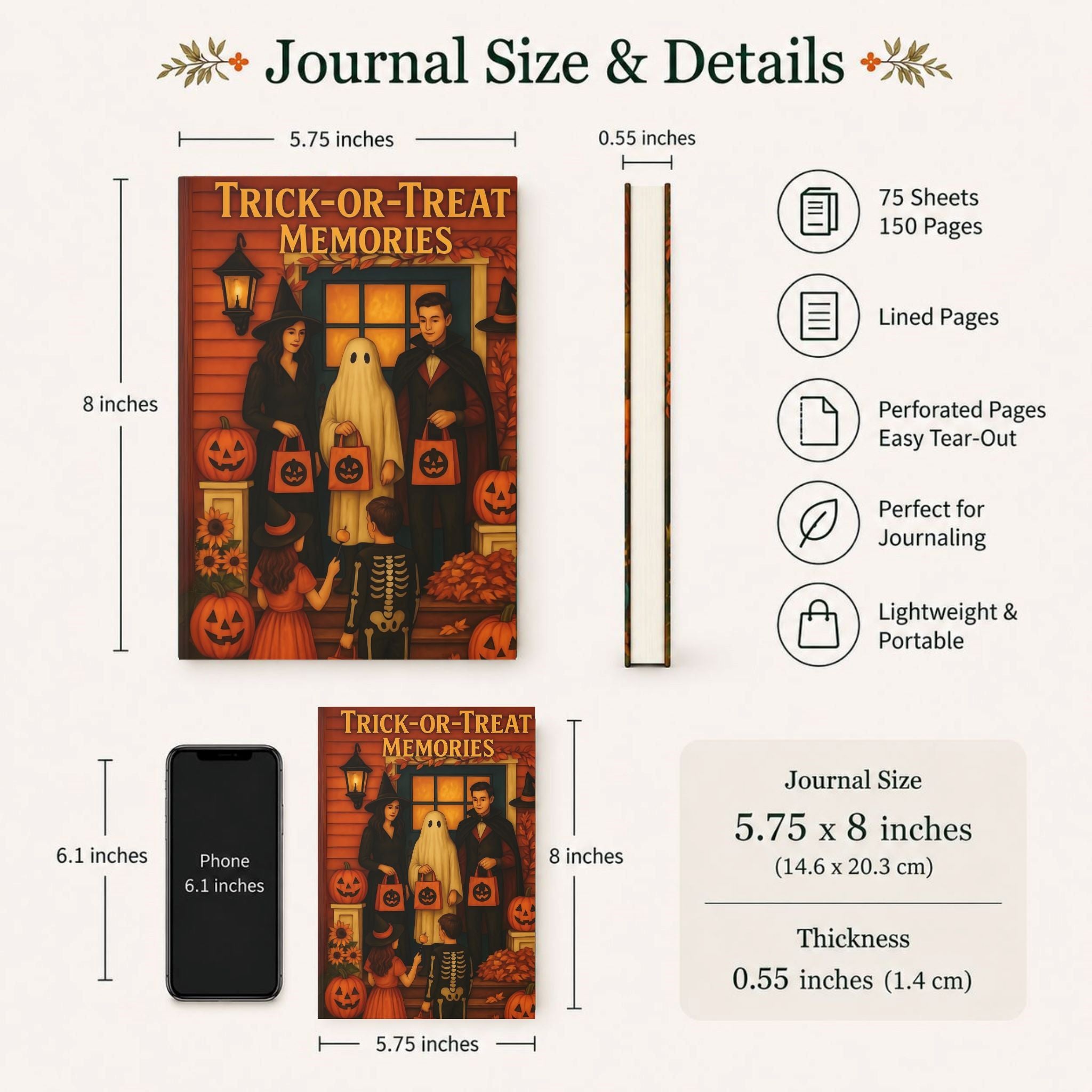 Costume Night journal size guide showing 5.75 x 8 inch hardcover details.