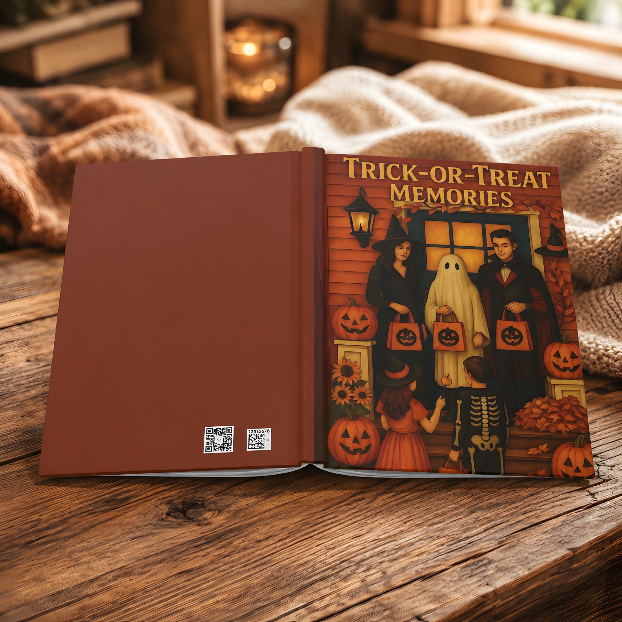 Halloween hardcover journal with cover design on a wooden surface.