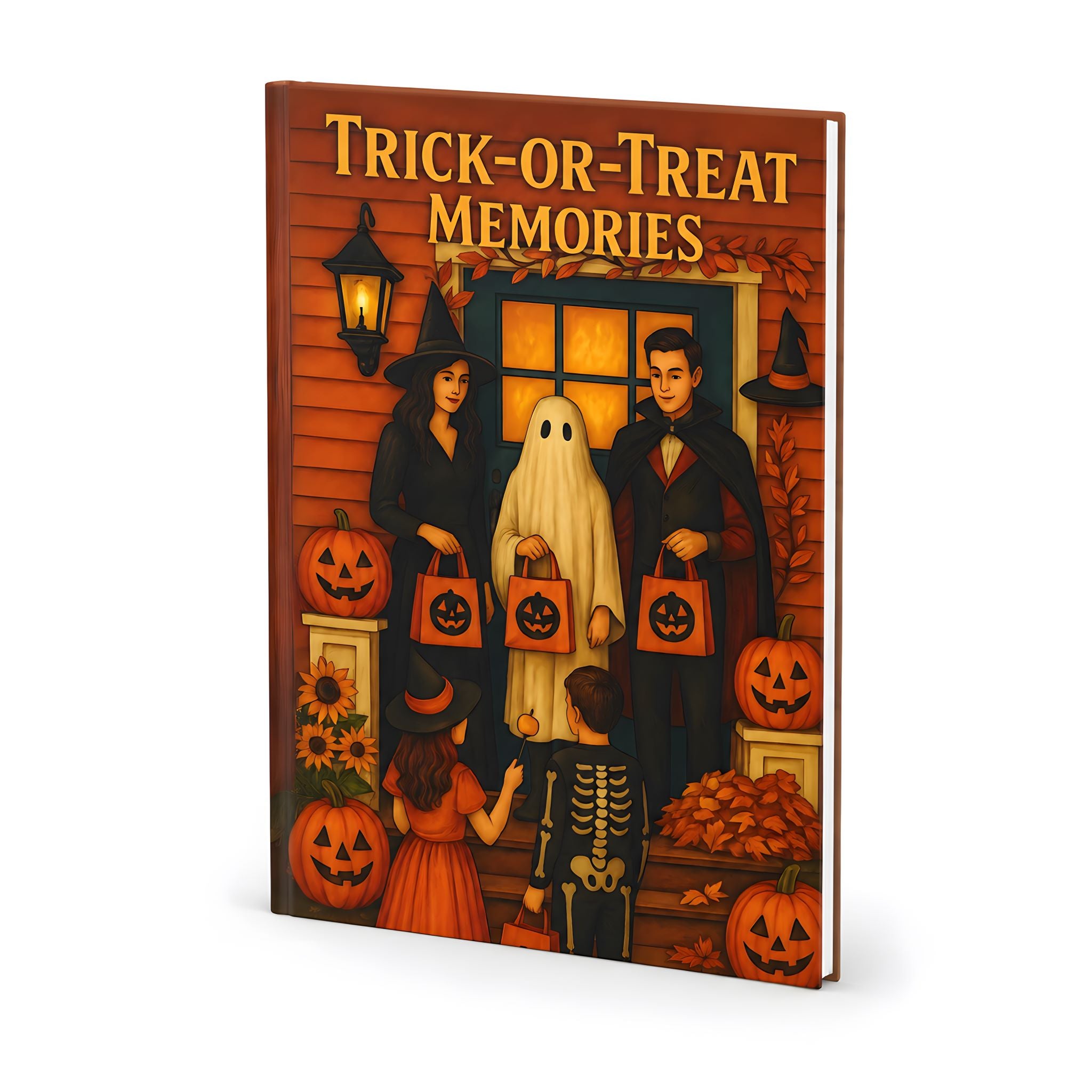 Halloween lined journal with trick-or-treat porch art, pumpkins, ghost, and glowing windows