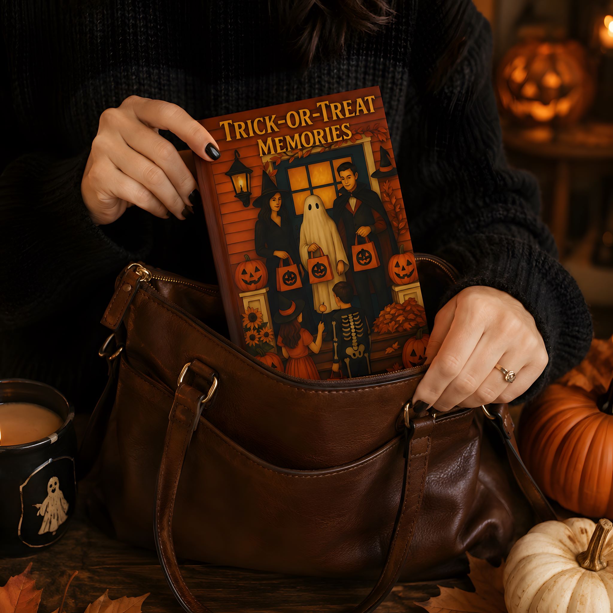 Woman placing Halloween lined journal into a handbag for everyday carrying.