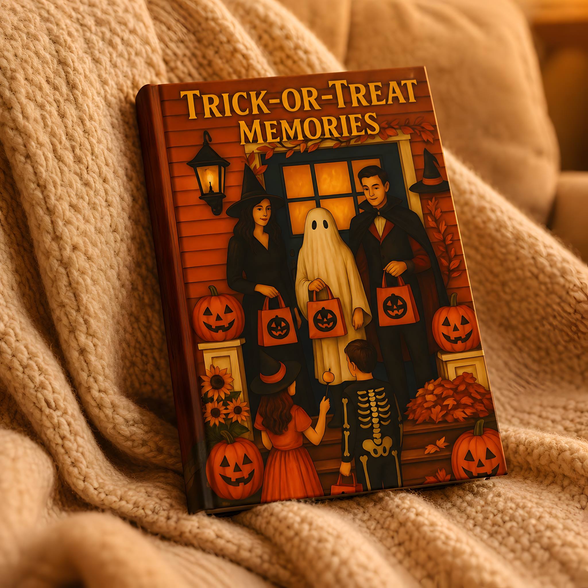Halloween journal held in a cozy blanket with trick-or-treat cover artwork.